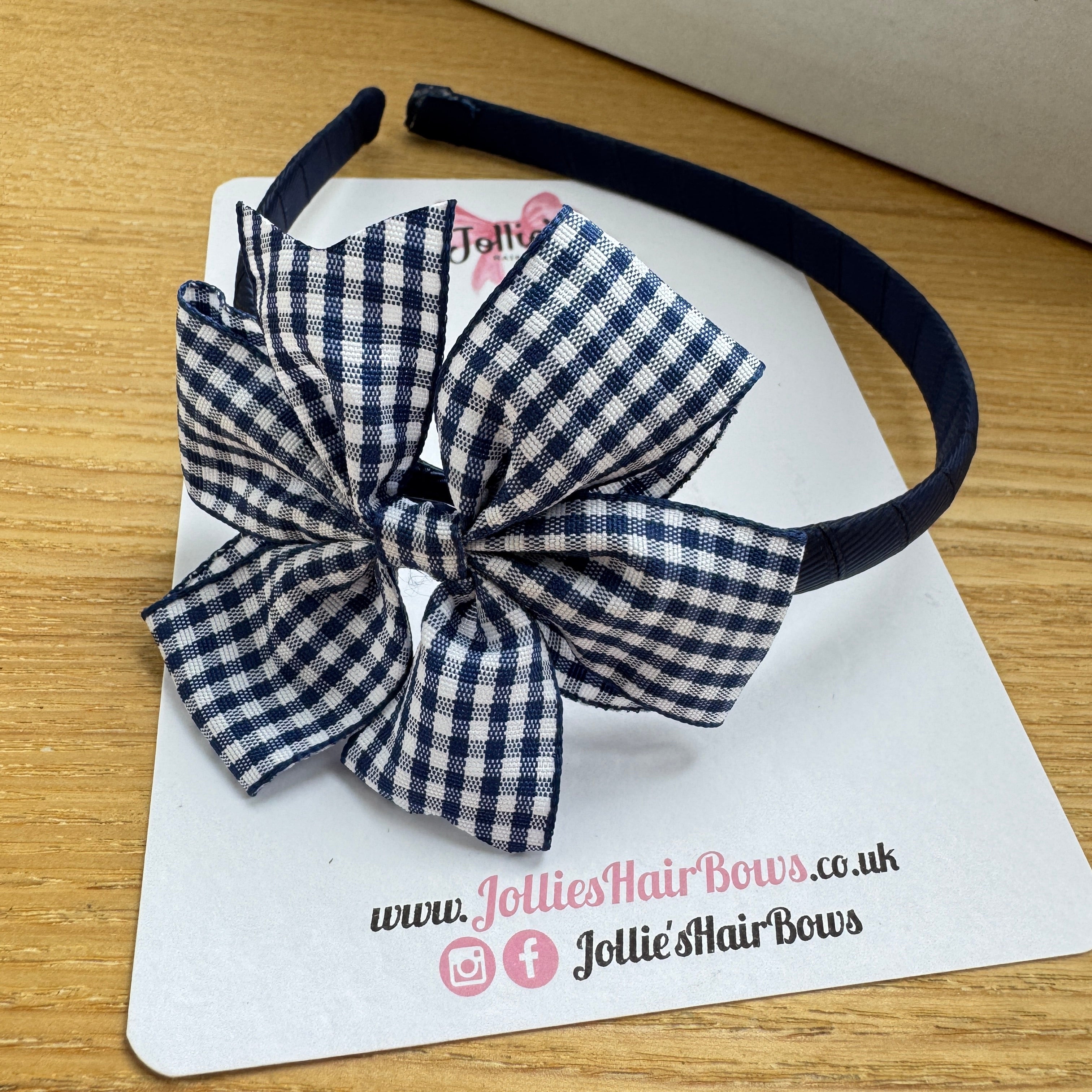 Alice Band – Navy Gingham Pinwheel Bow