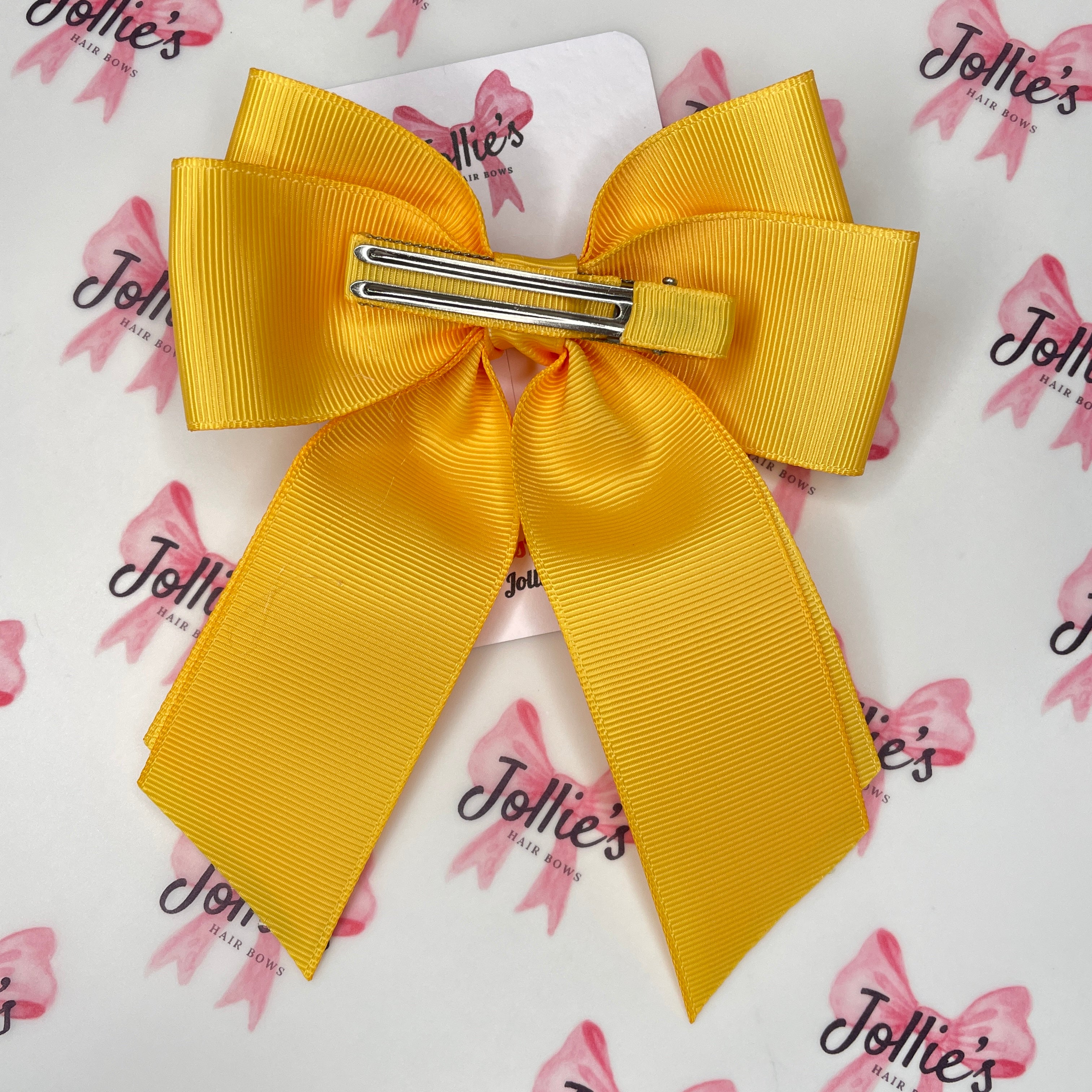 5.5" Long Tail Hair Bow with 2.4" Alligator Clip – Yellow Gold | Handmade School Hair Bow