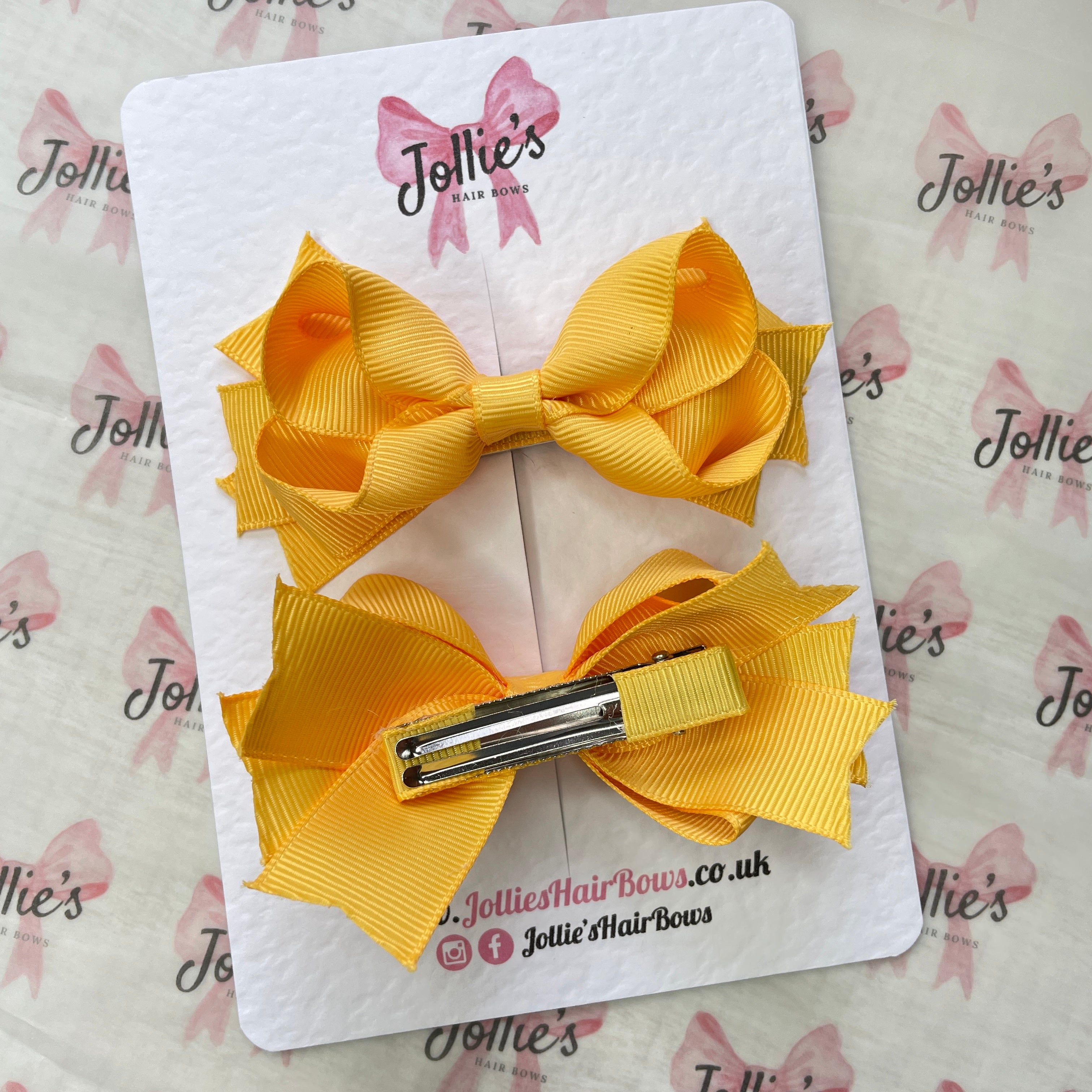 3" Two Layer Hair Bow with Clip (Pair) – Yellow Gold | School Hair Bows for Girls