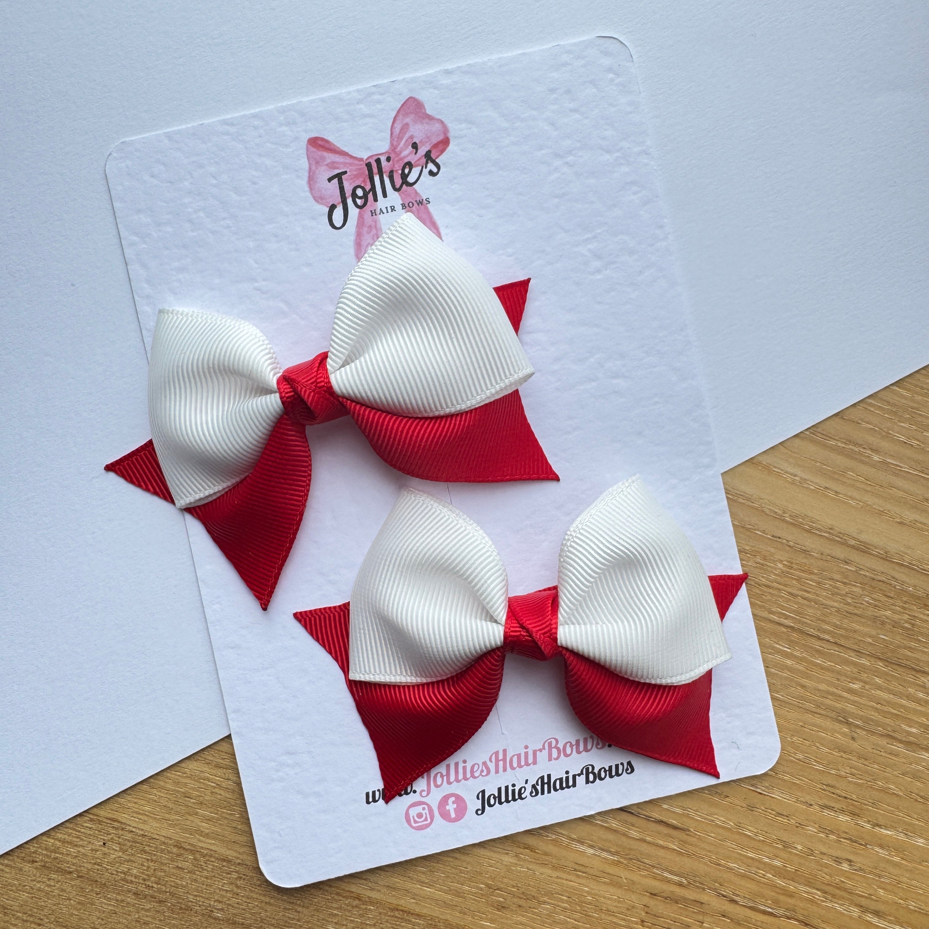 3" Red & White Layered Pointed-Tail Hair Bow Pair – Grosgrain Ribbon Clips with Teeth
