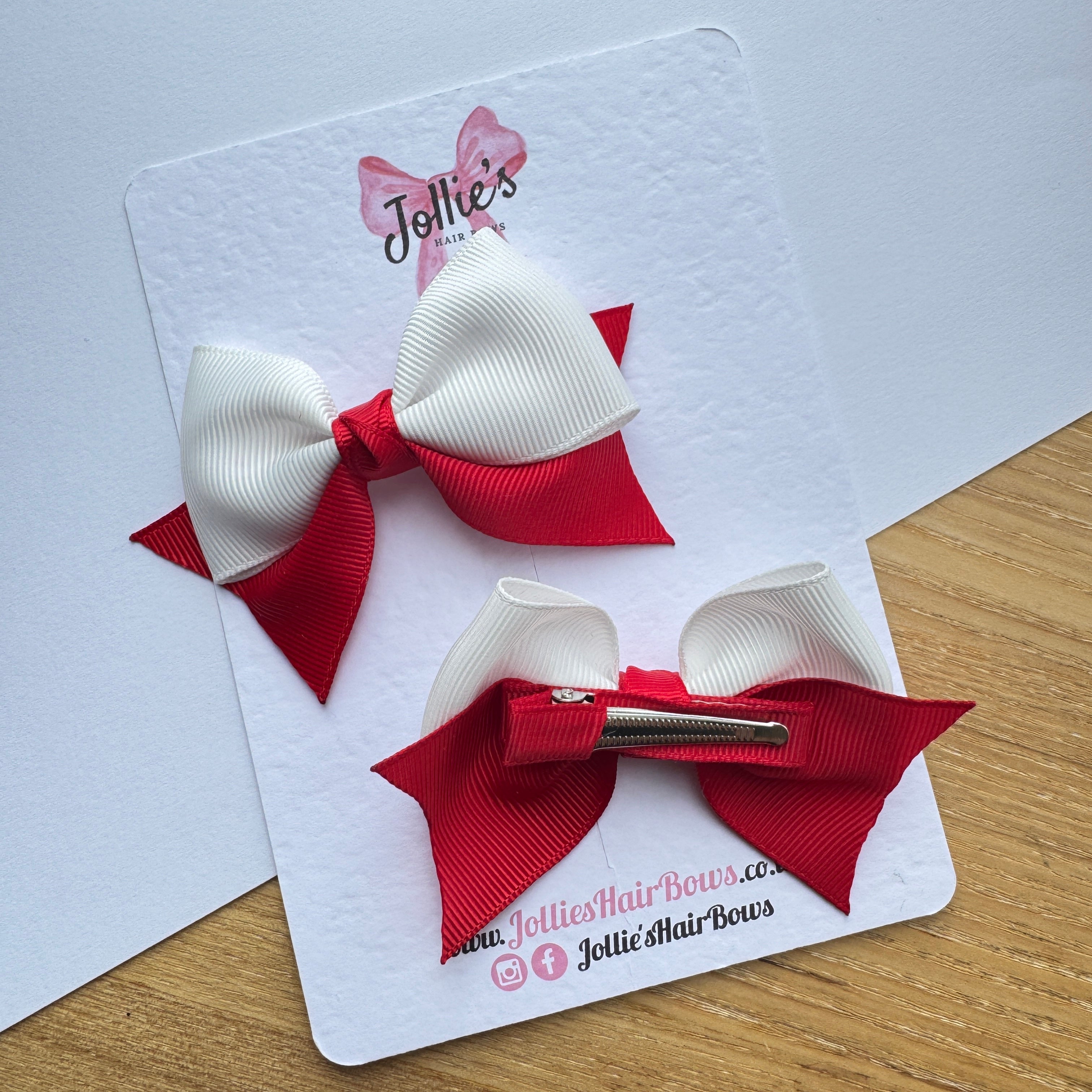 3" Red & White Layered Pointed-Tail Hair Bow Pair – Grosgrain Ribbon Clips with Teeth