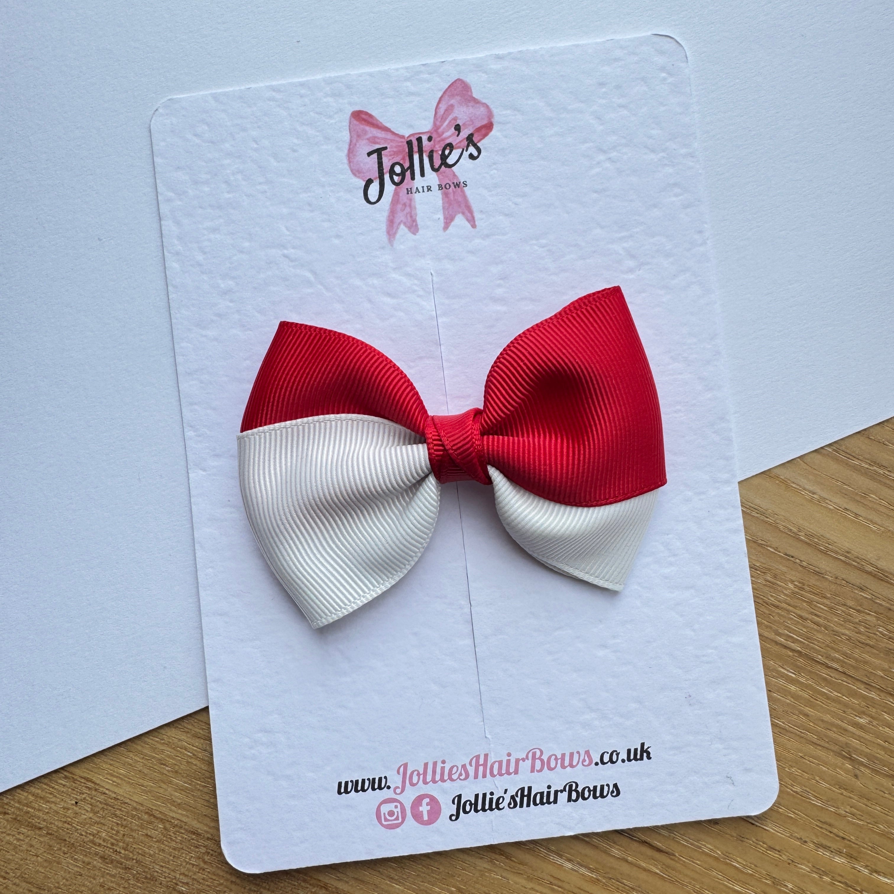 3.2" Red & White Hair Bow Pair – Grosgrain Ribbon with 1.6" Alligator Clips with Teeth