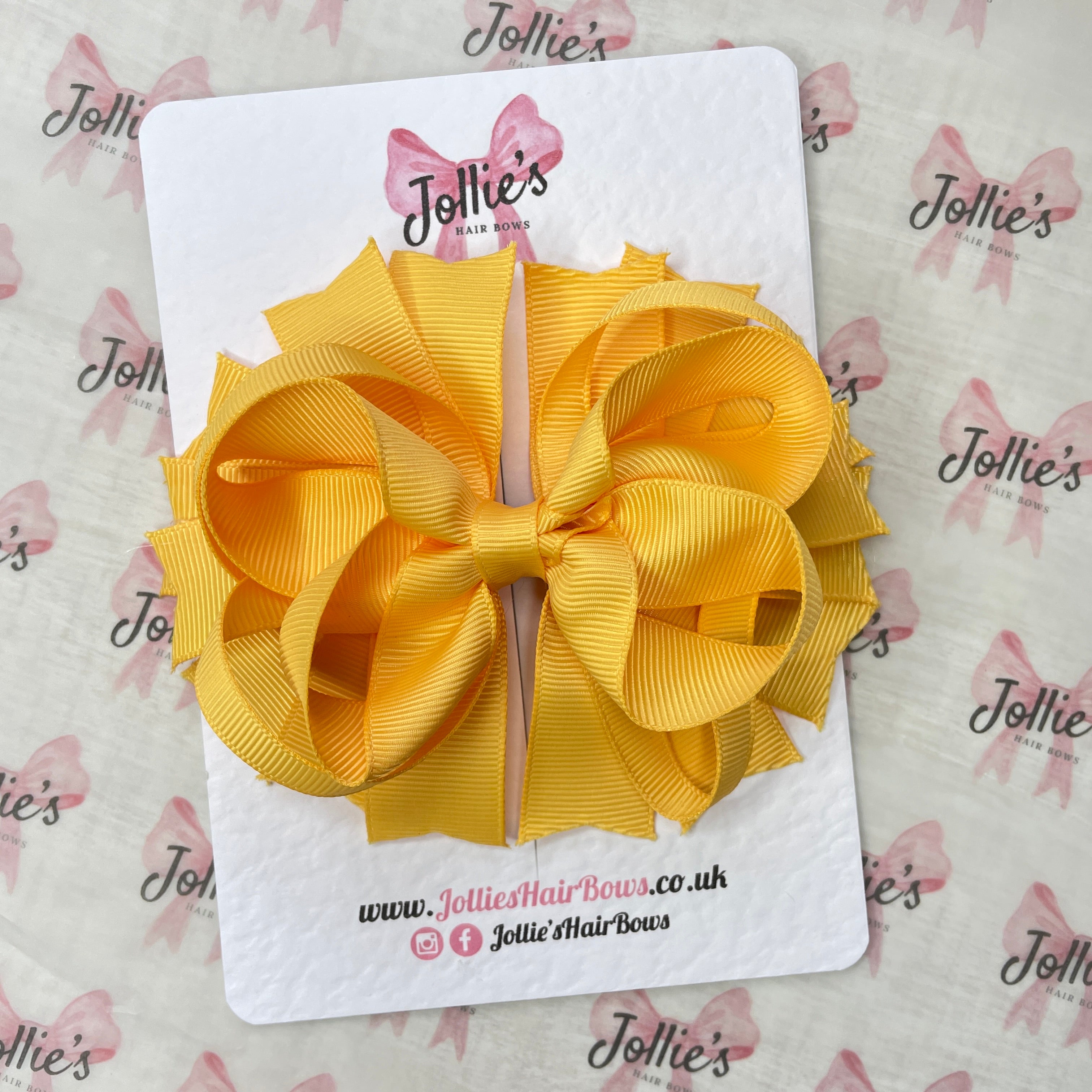 4.5" Yellow Gold Layered Ring Hair Bow – Grosgrain Ribbon Clip for School & Everyday Wear