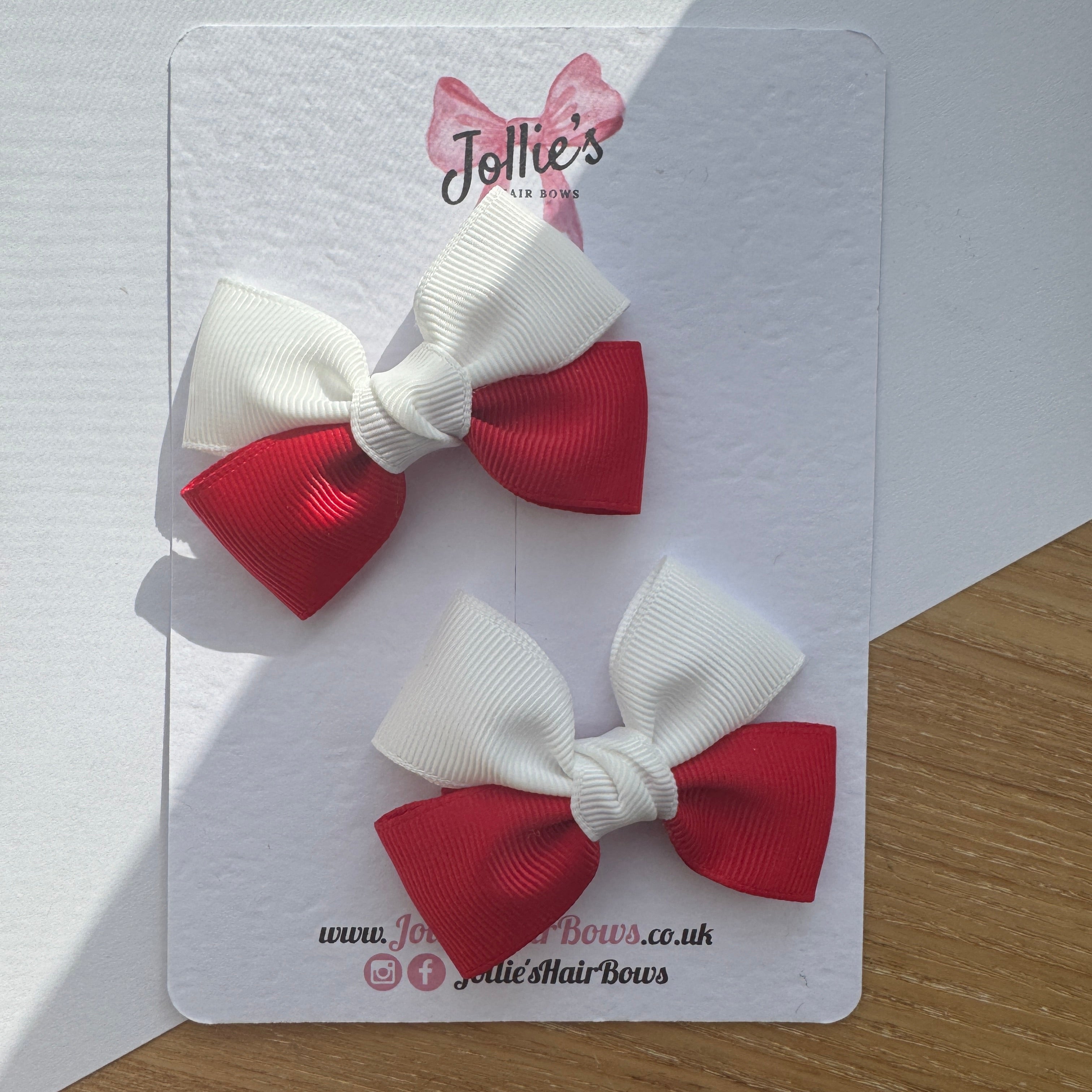 2.5" Red & White Classic Hair Bow Pair – Grosgrain Ribbon Clips with Teeth