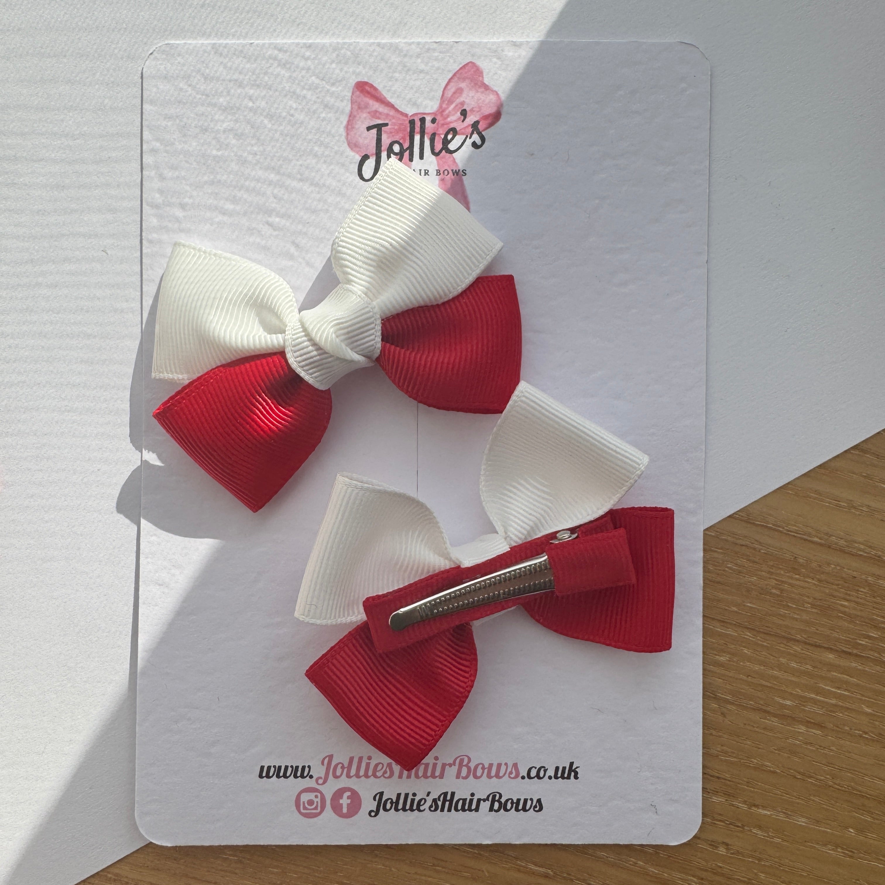 2.5" Red & White Classic Hair Bow Pair – Grosgrain Ribbon Clips with Teeth