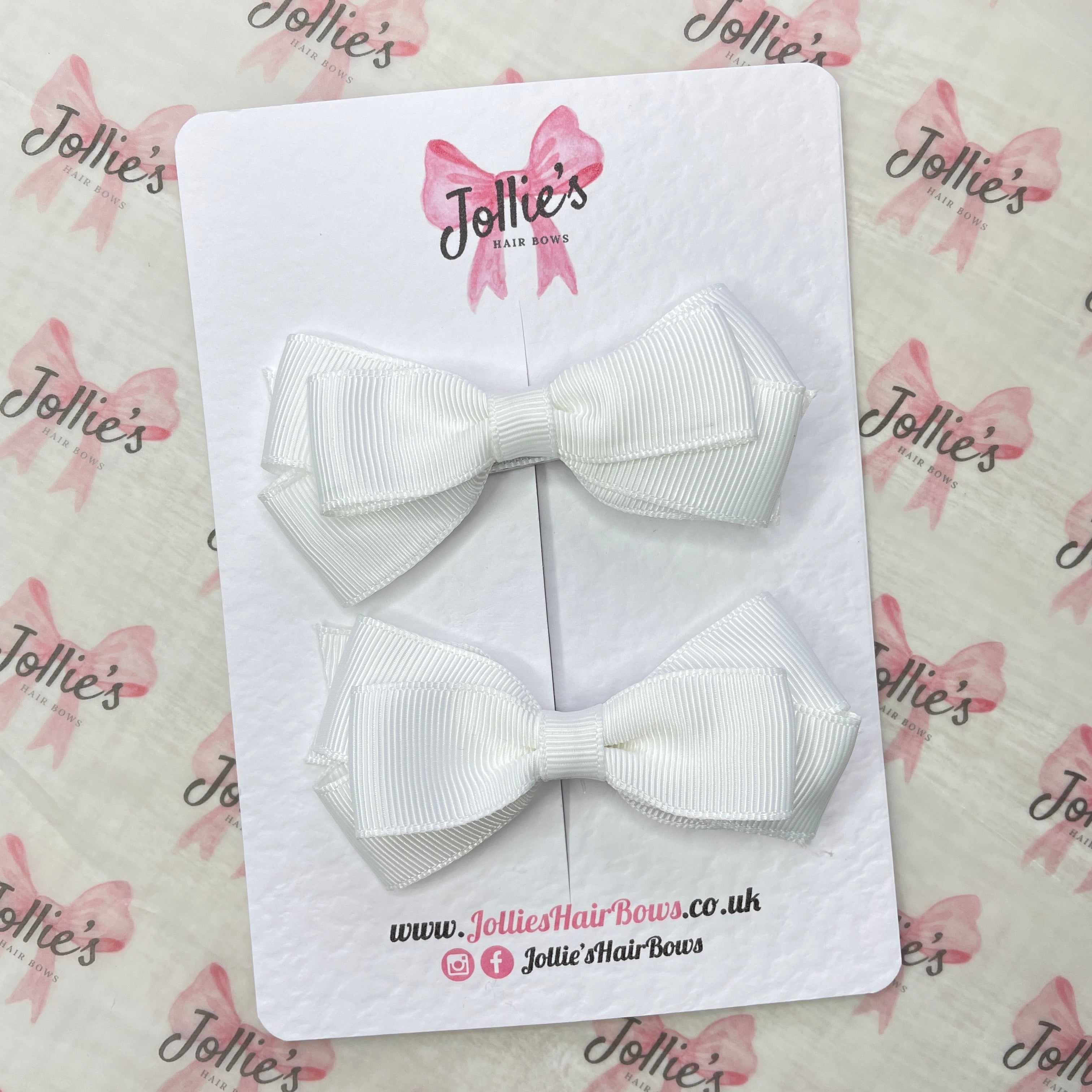 3" White Triple Layer Hair Bow Pair – Grosgrain Ribbon School Hair Clips with Teeth