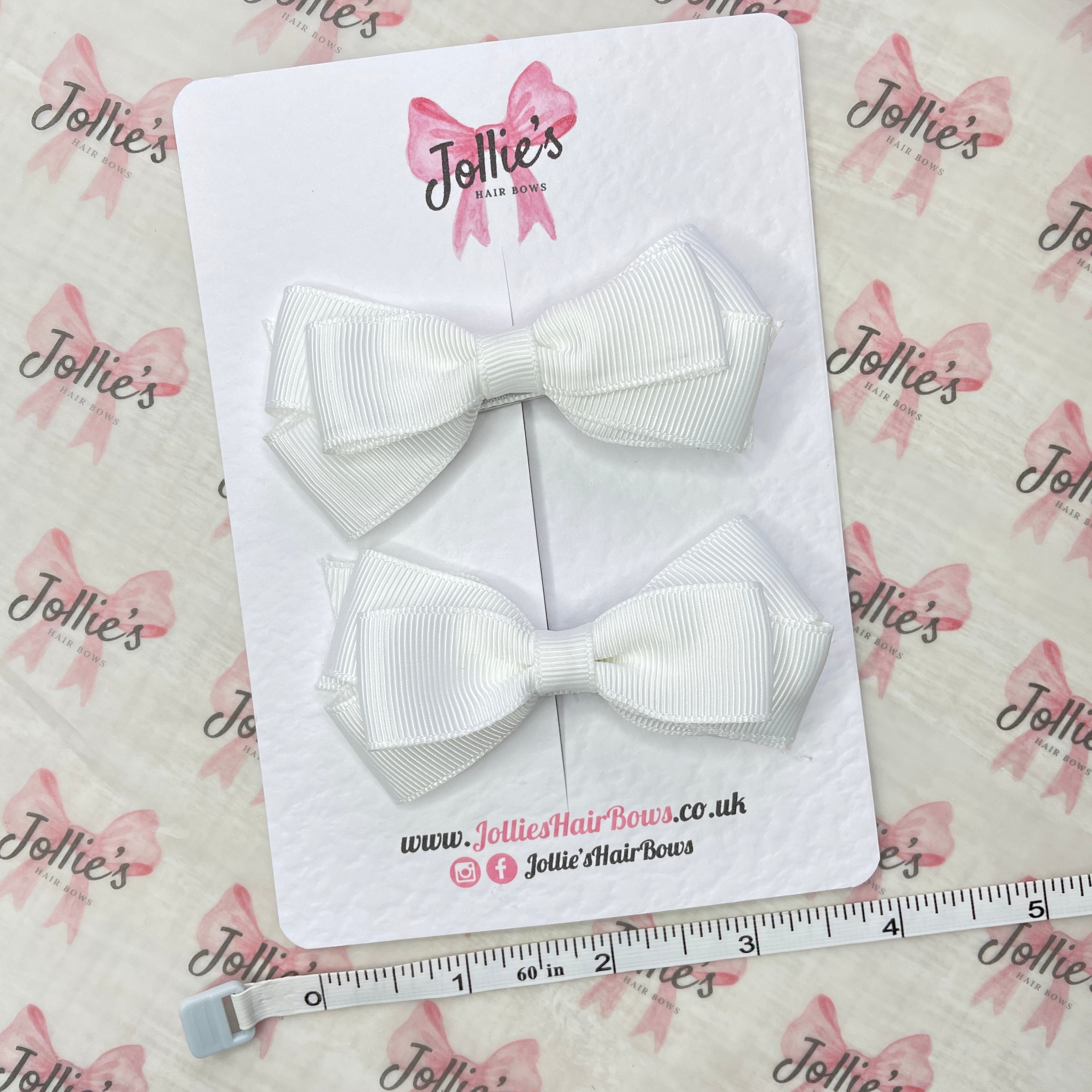 3" White Triple Layer Hair Bow Pair – Grosgrain Ribbon School Hair Clips with Teeth