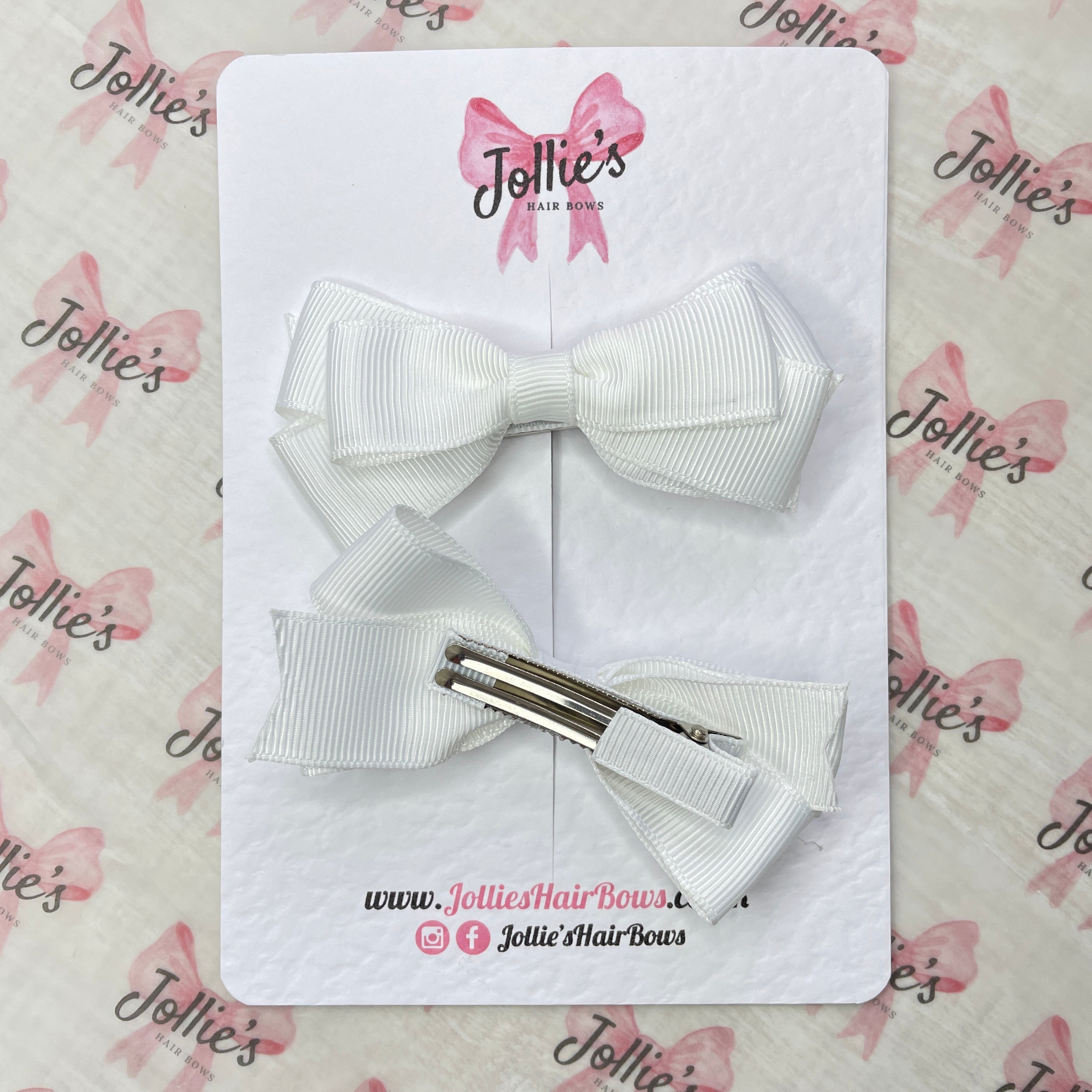 3" White Triple Layer Hair Bow Pair – Grosgrain Ribbon School Hair Clips with Teeth