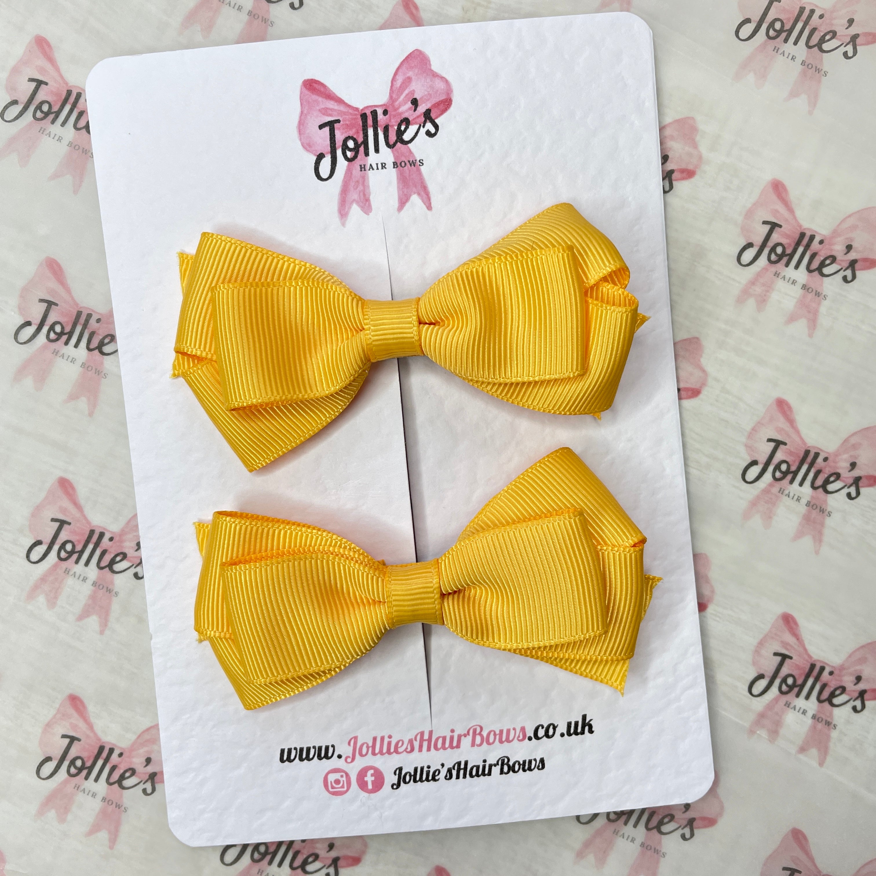 3" Yellow Gold Triple Layer Hair Bow Pair – Grosgrain Ribbon School Hair Clips with Teeth