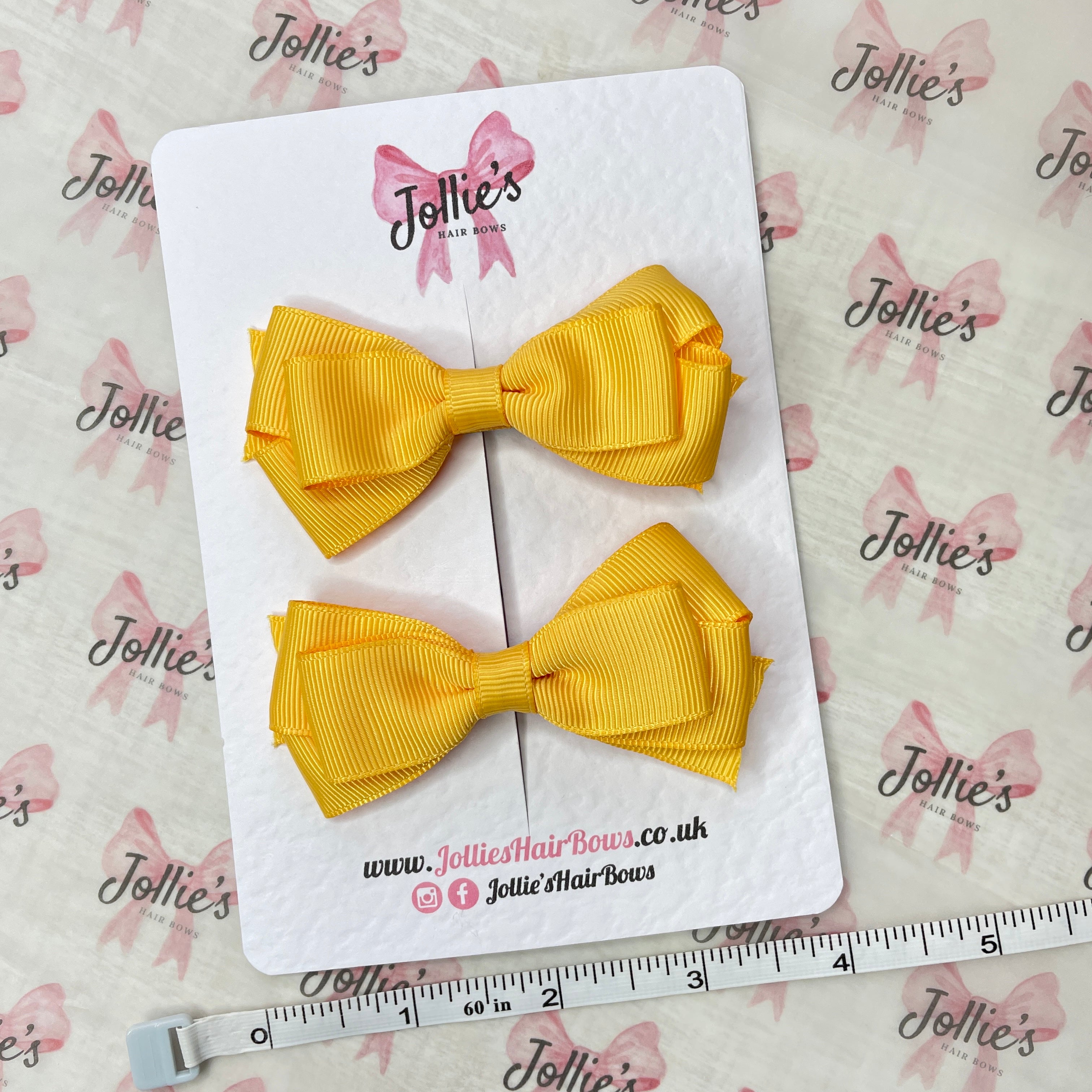 3" Yellow Gold Triple Layer Hair Bow Pair – Grosgrain Ribbon School Hair Clips with Teeth