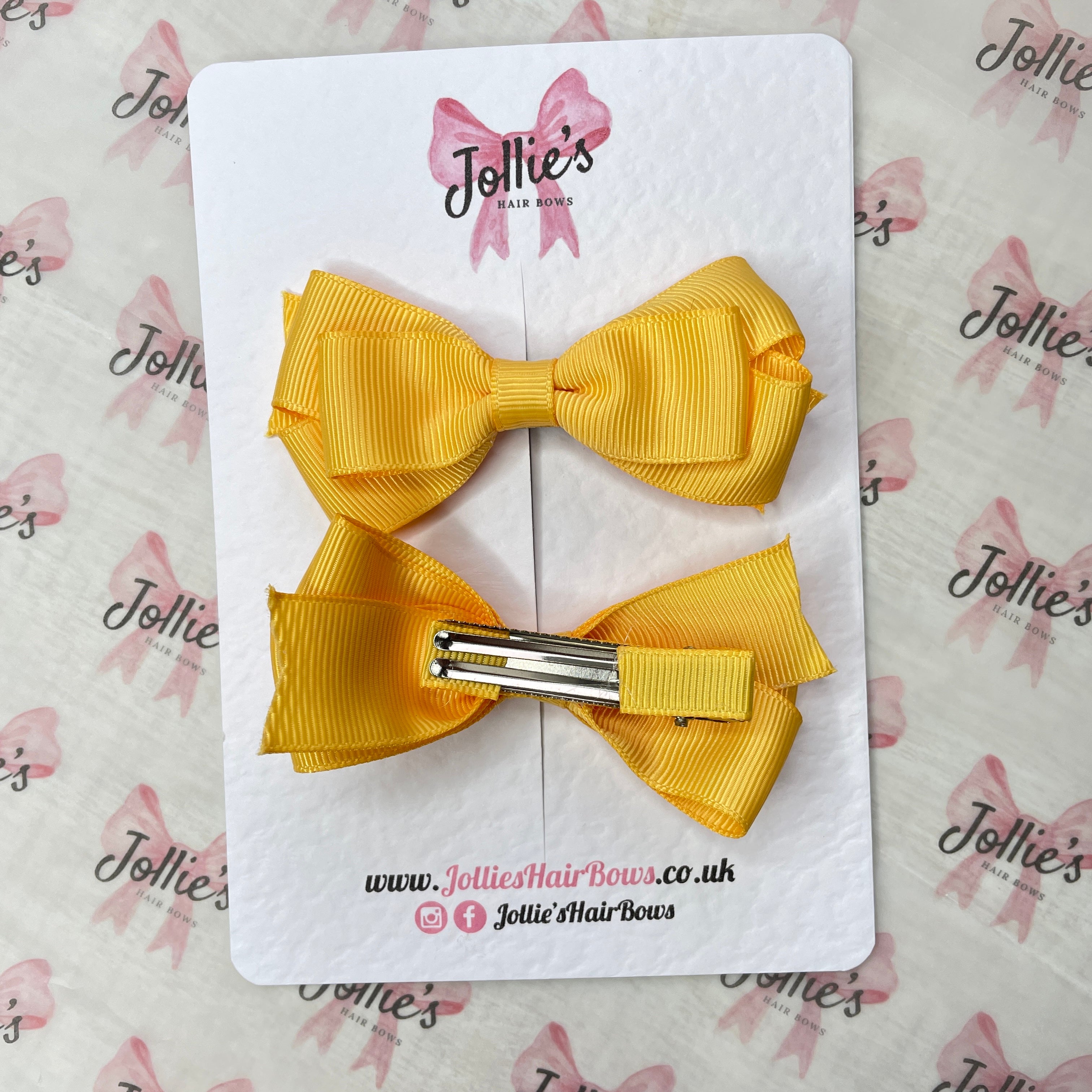 3" Yellow Gold Triple Layer Hair Bow Pair – Grosgrain Ribbon School Hair Clips with Teeth