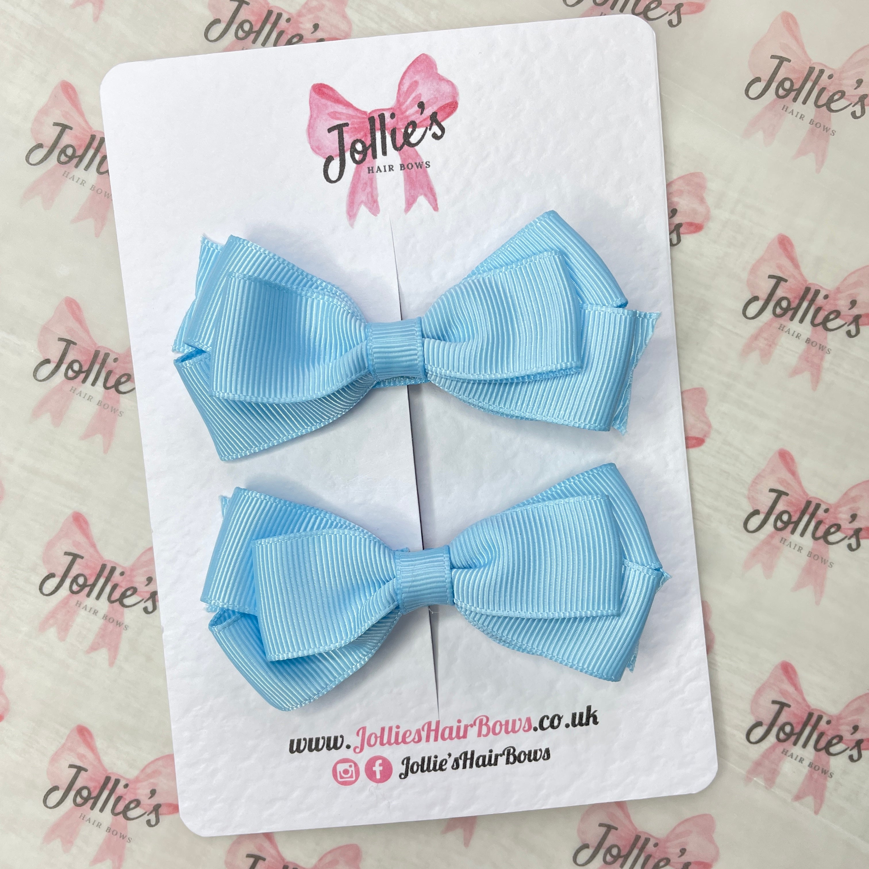 3" Blue Topaz Triple Layer Hair Bow Pair – Clearance Grosgrain Ribbon Clips with Teeth