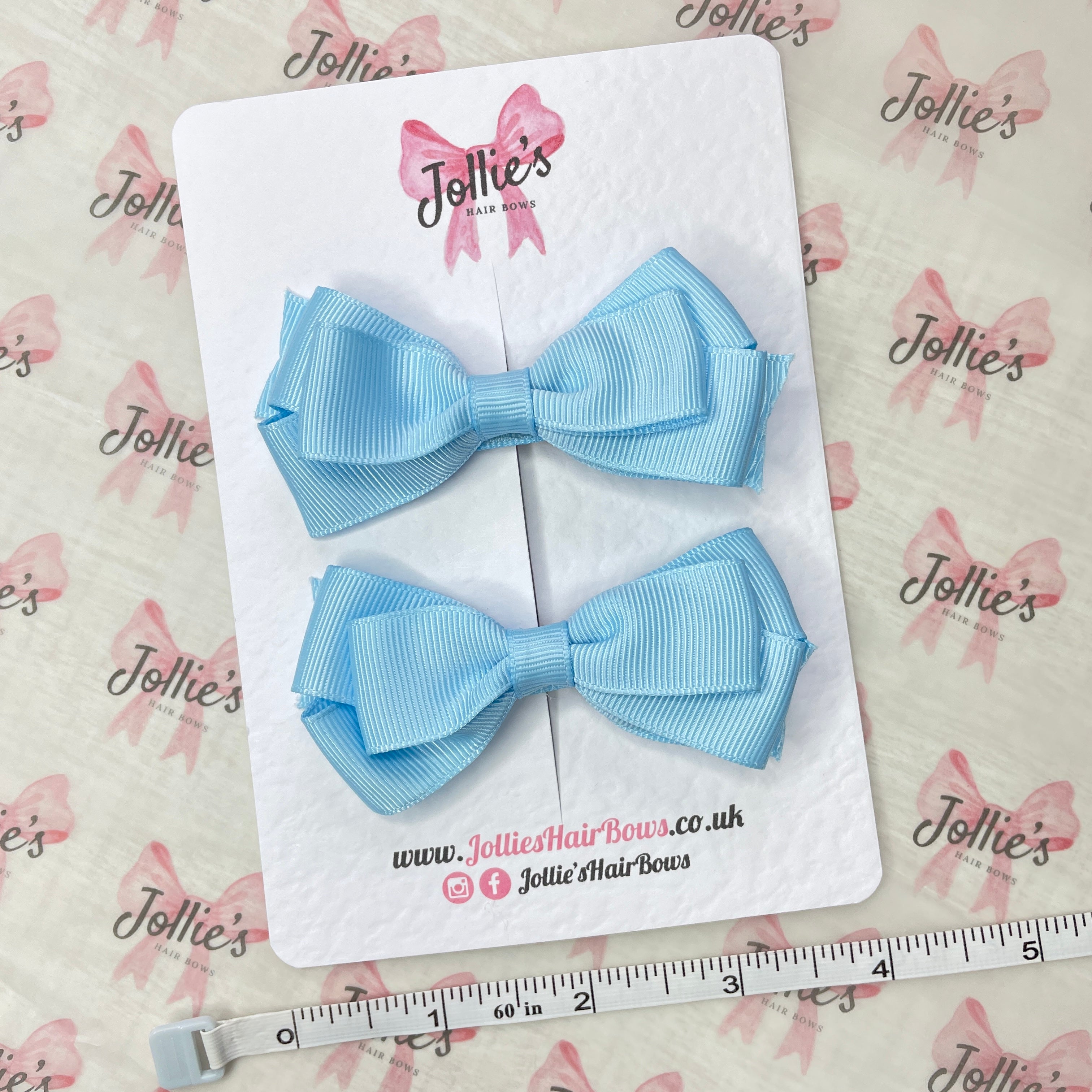 3" Blue Topaz Triple Layer Hair Bow Pair – Clearance Grosgrain Ribbon Clips with Teeth