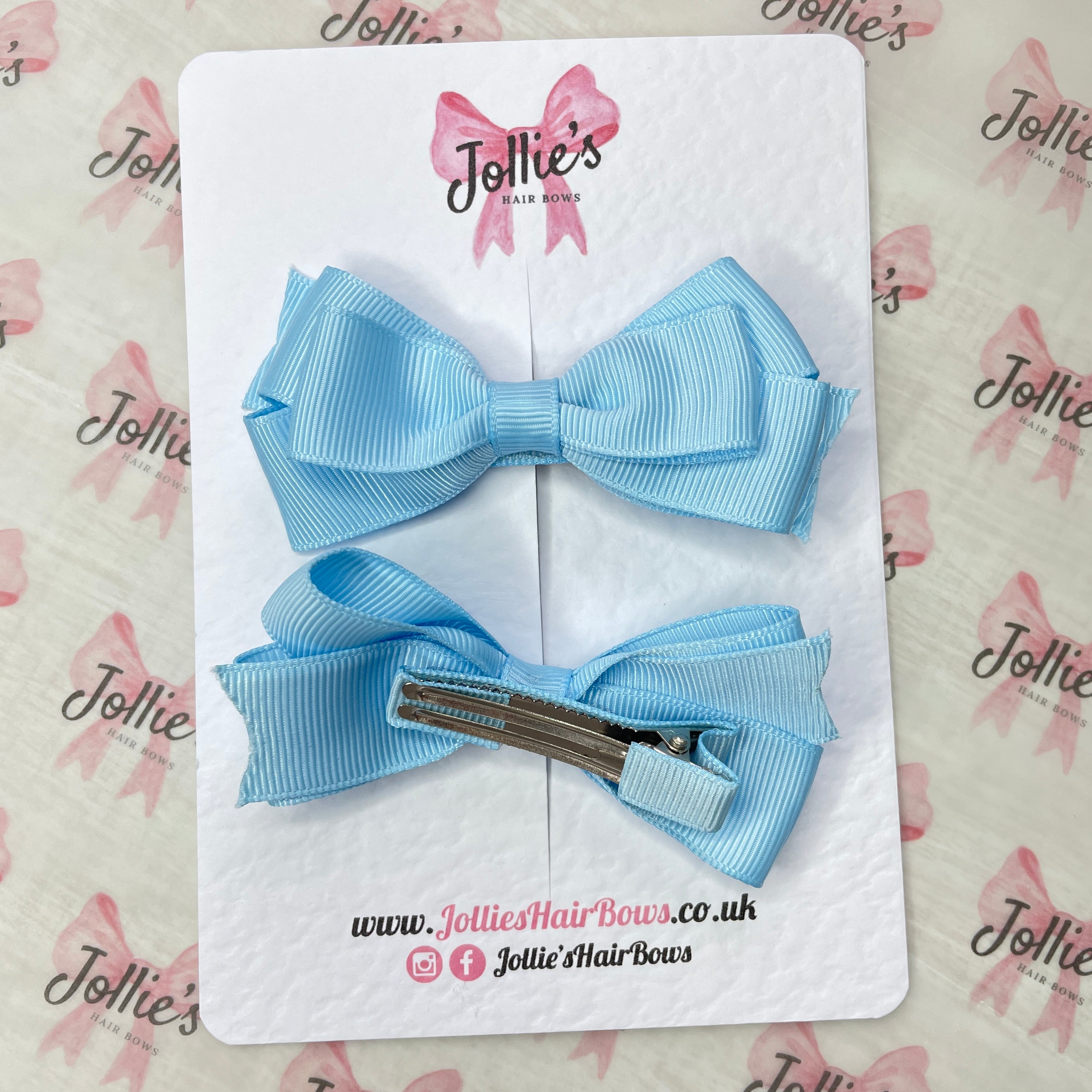 3" Blue Topaz Triple Layer Hair Bow Pair – Clearance Grosgrain Ribbon Clips with Teeth