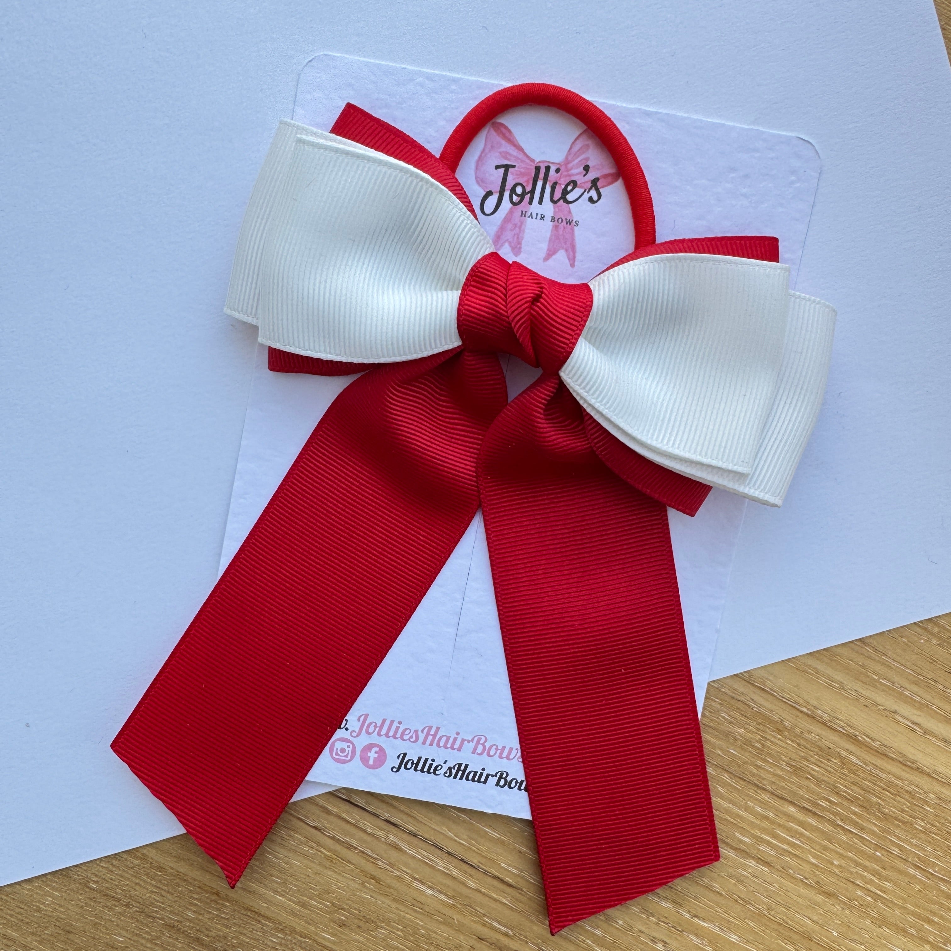5" Red & White Classic Hair Bow – Grosgrain Ribbon Thick Elastic Bobble