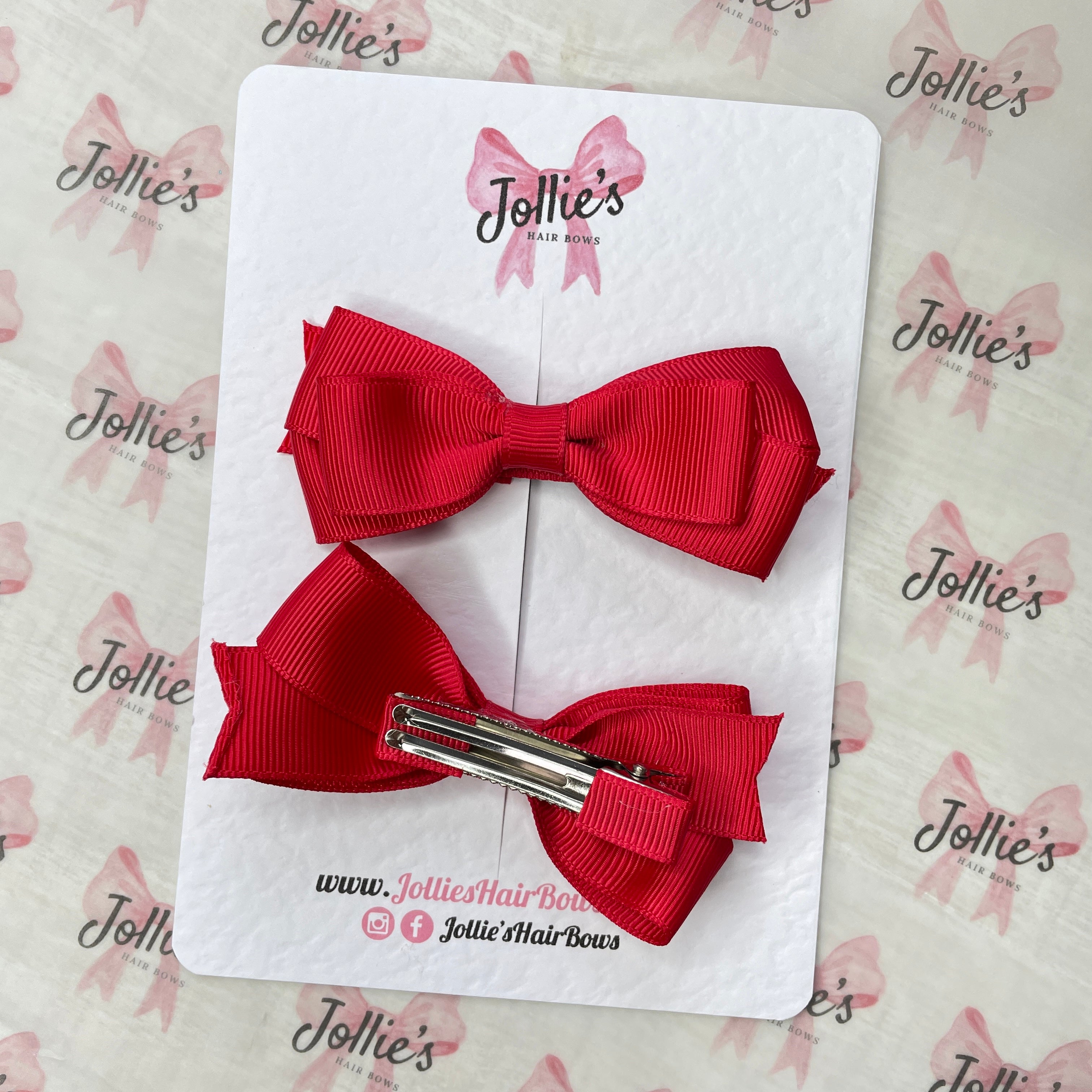 3" Red Triple Layer Hair Bow Pair – Grosgrain Ribbon Clips with Teeth