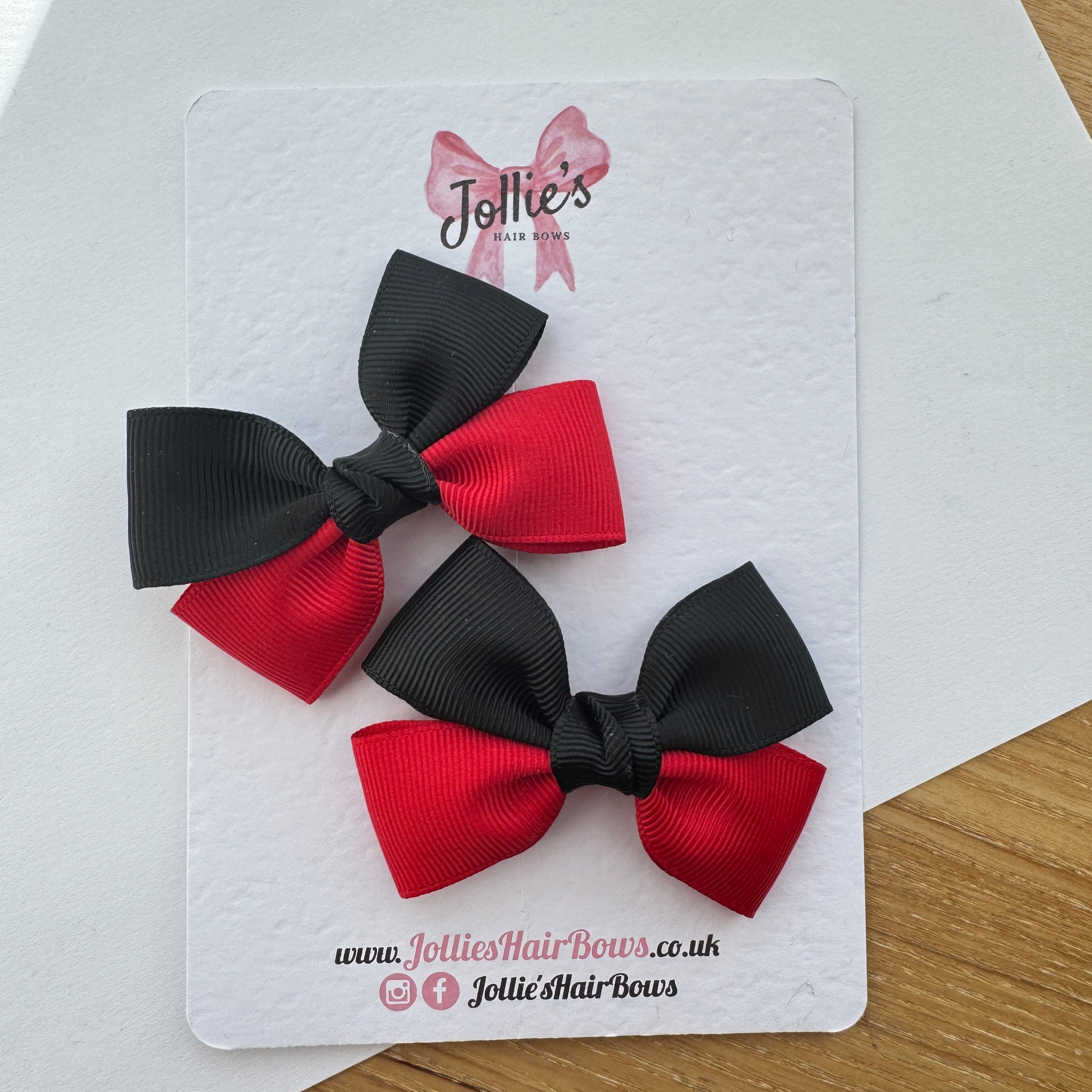 2.5" Red & Black Classic Hair Bow Pair – Grosgrain Ribbon Clips with Teeth