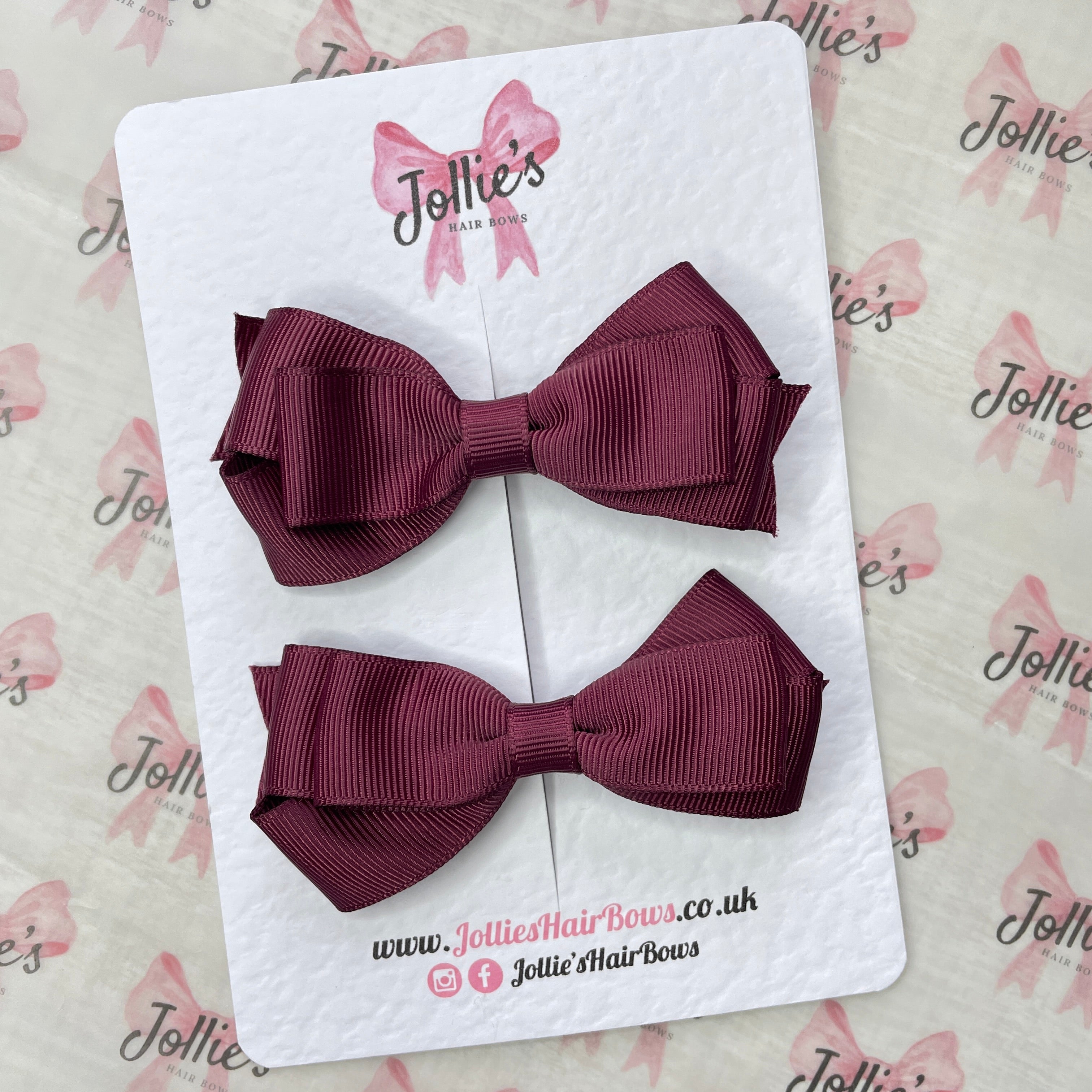 3" Burgundy Triple Layer Hair Bow Pair – Grosgrain Ribbon School Hair Clips with Teeth