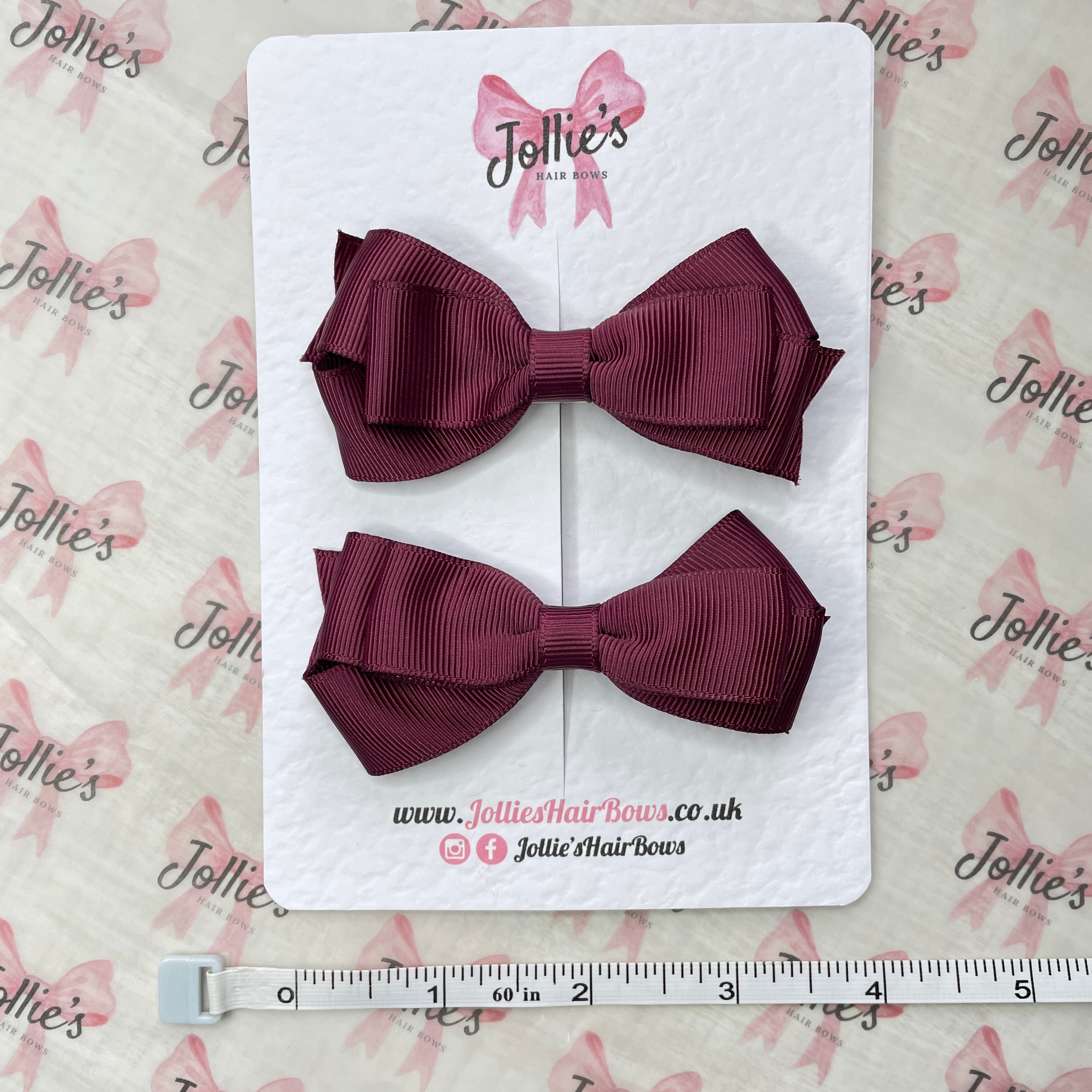 3" Burgundy Triple Layer Hair Bow Pair – Grosgrain Ribbon School Hair Clips with Teeth