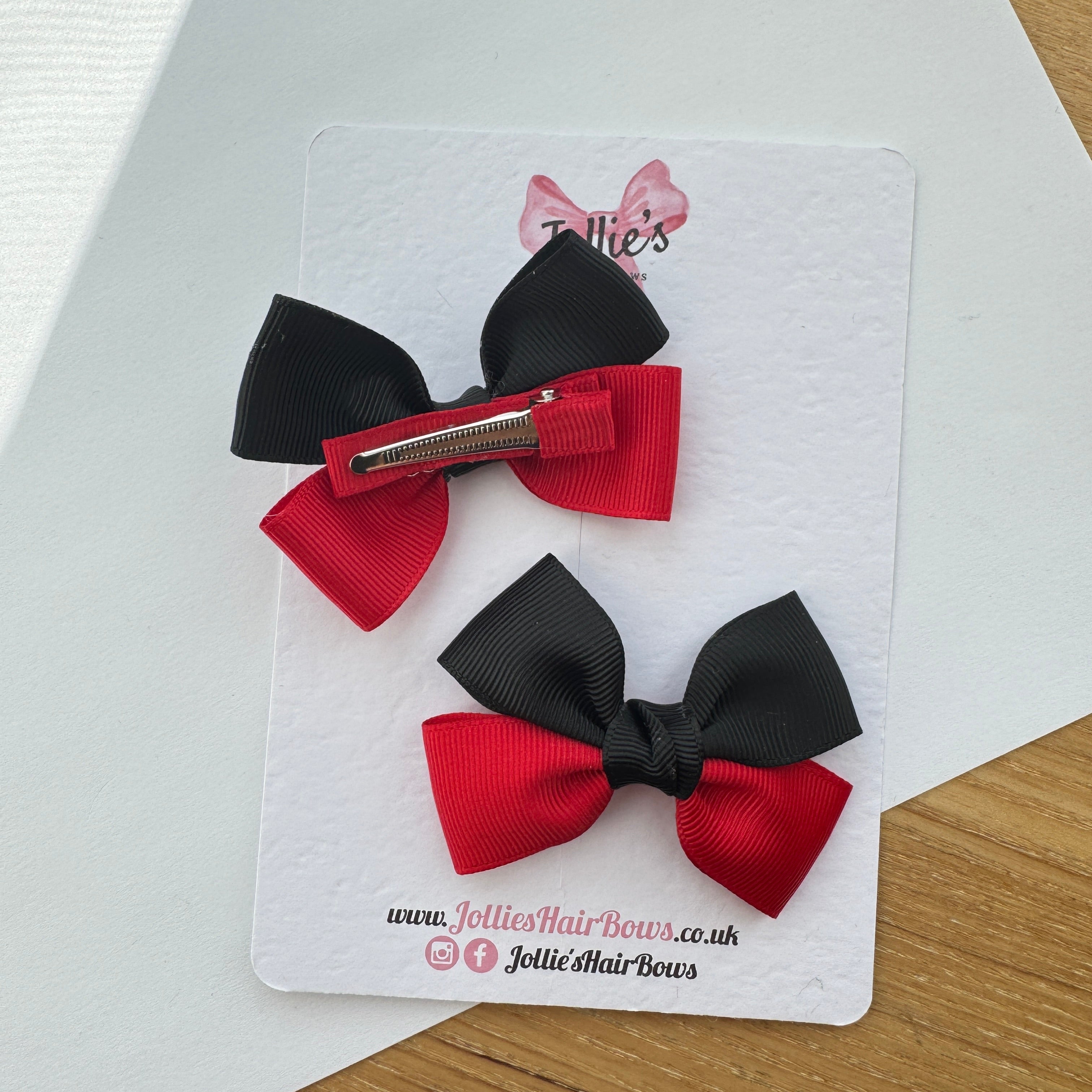 2.5" Red & Black Classic Hair Bow Pair – Grosgrain Ribbon Clips with Teeth