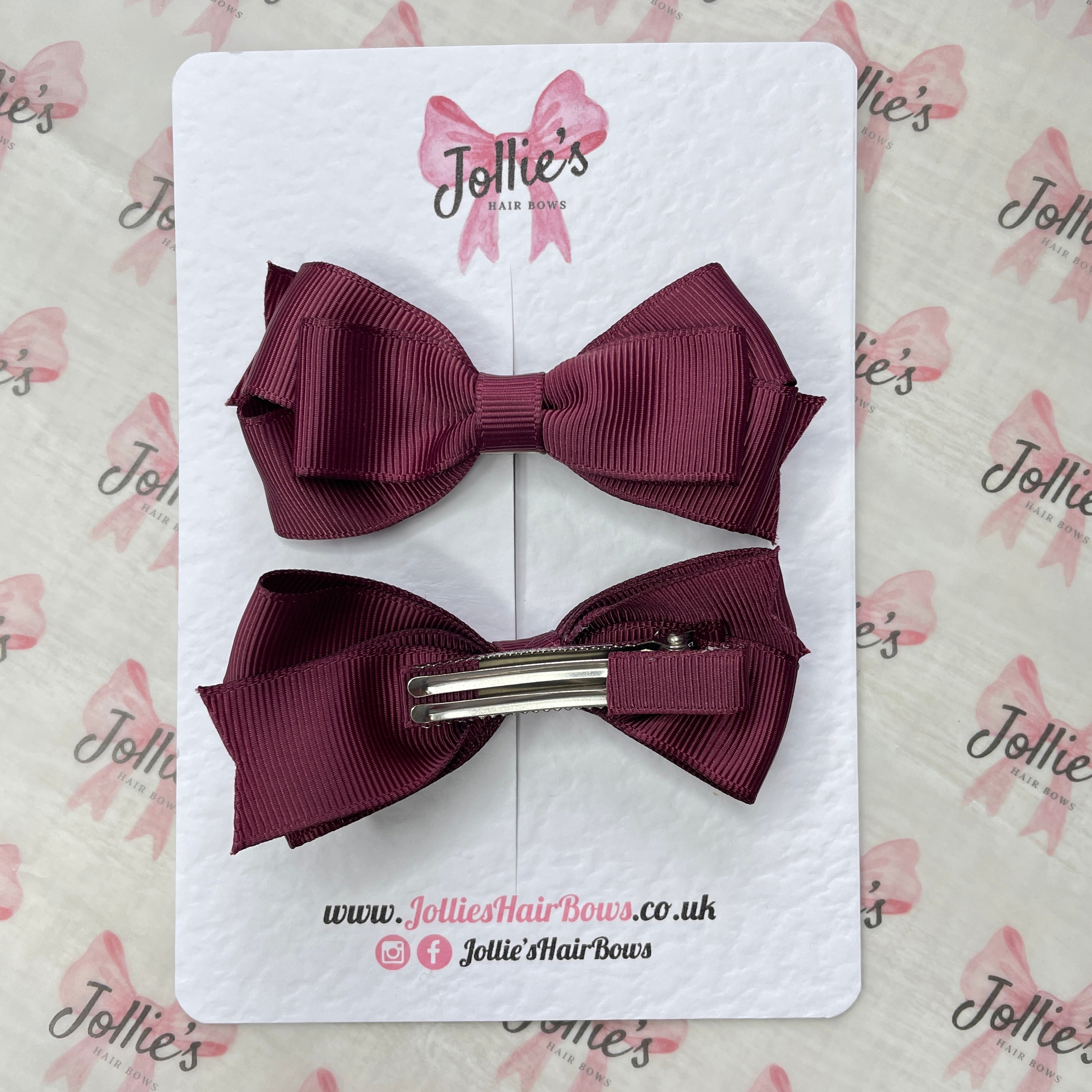 3" Burgundy Triple Layer Hair Bow Pair – Grosgrain Ribbon School Hair Clips with Teeth