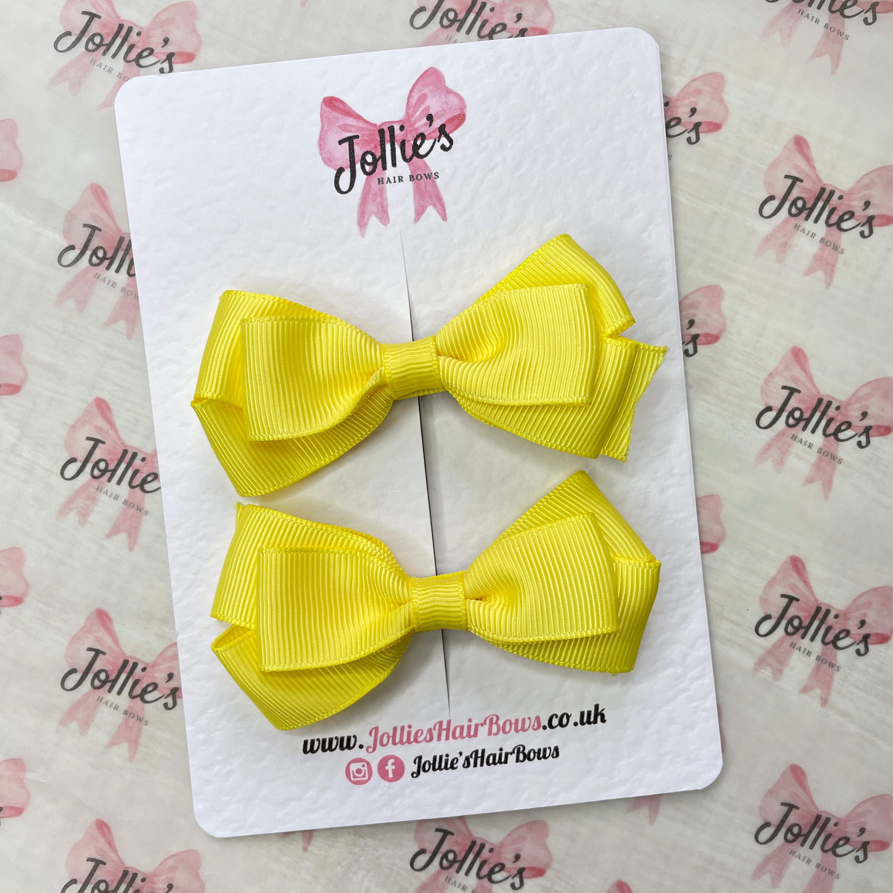 3" Lemon Triple Layer Hair Bow Pair – Grosgrain Ribbon Clips with Teeth