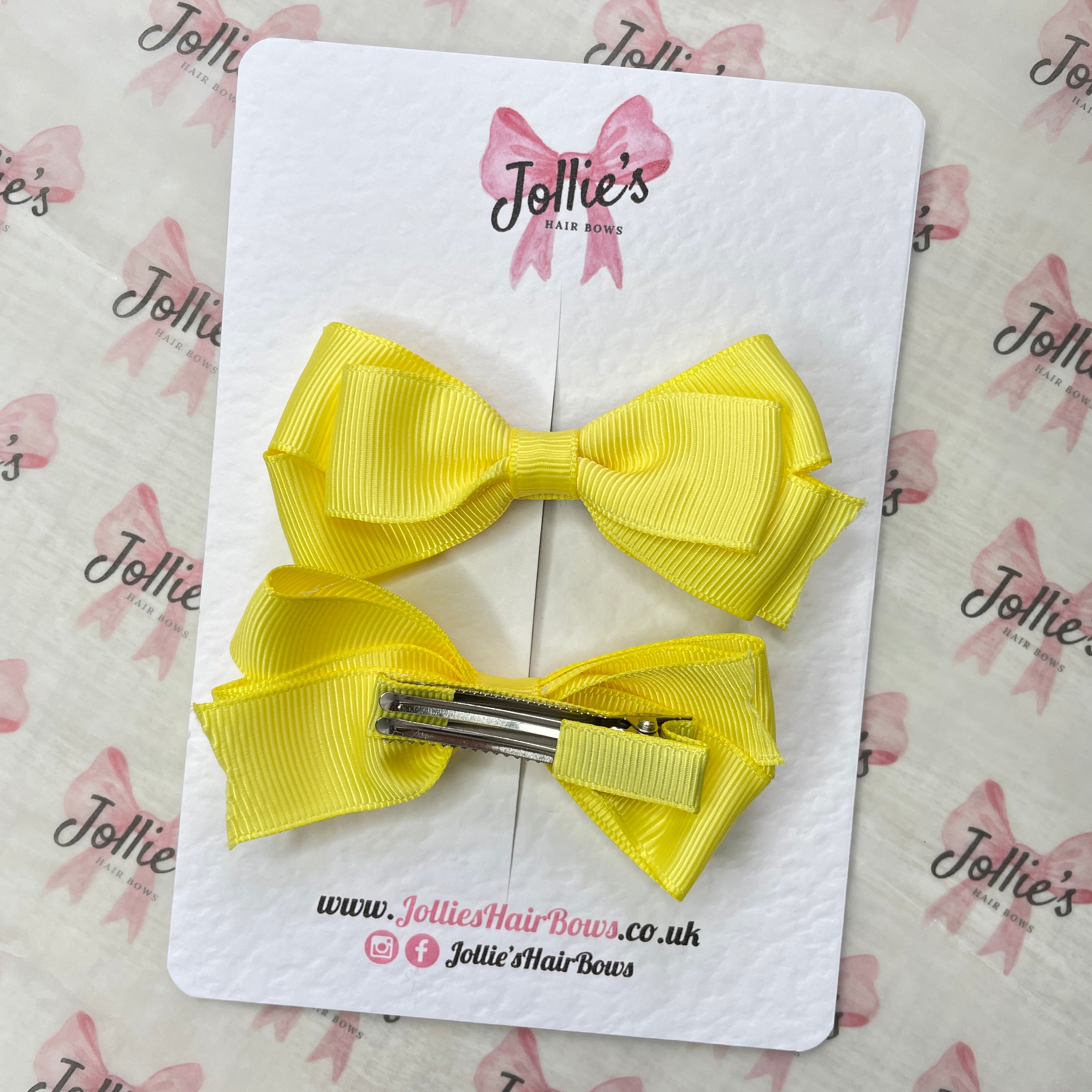 3" Lemon Triple Layer Hair Bow Pair – Grosgrain Ribbon Clips with Teeth