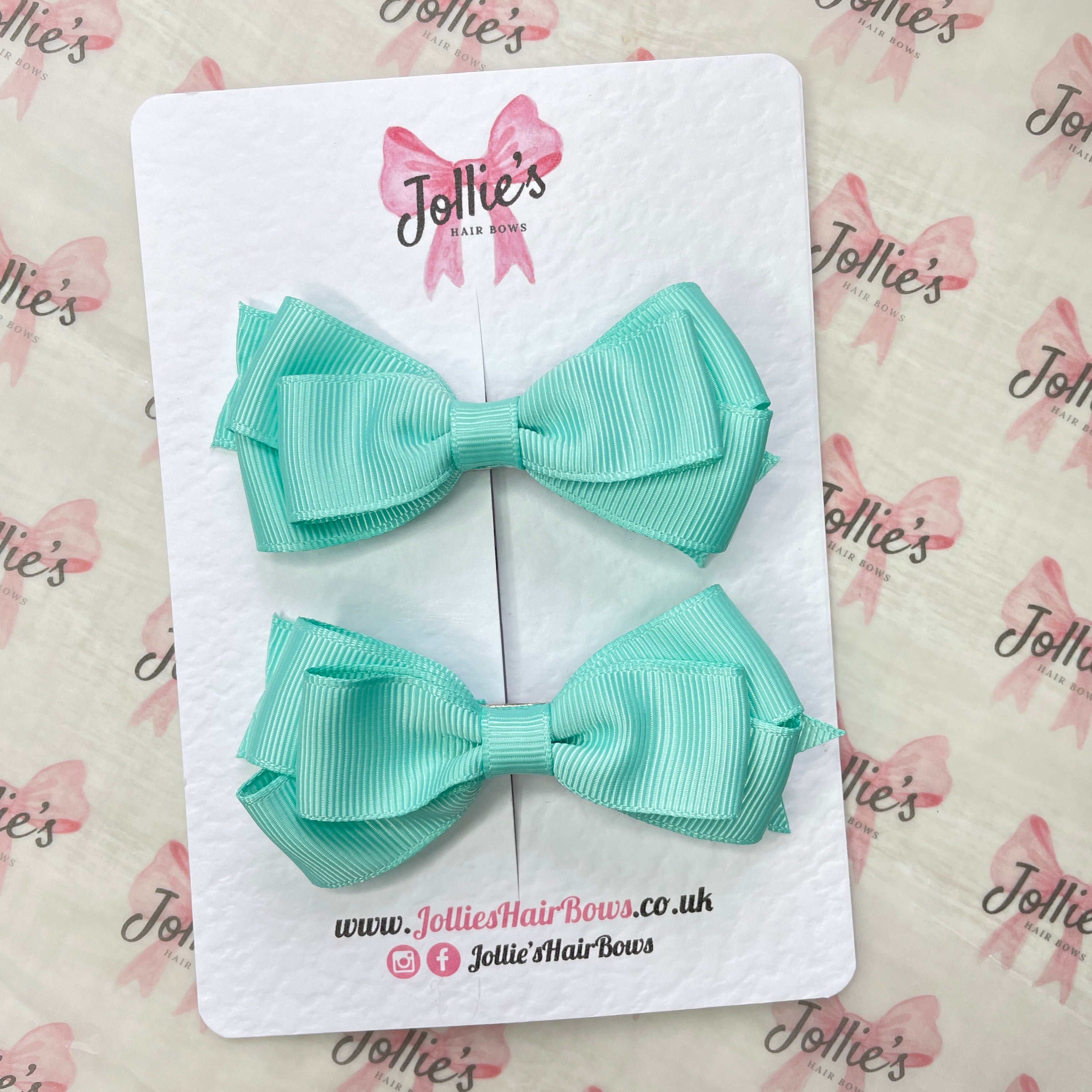 3" Aqua Triple Layer Hair Bow Pair – Clearance Grosgrain Ribbon Clips with Teeth
