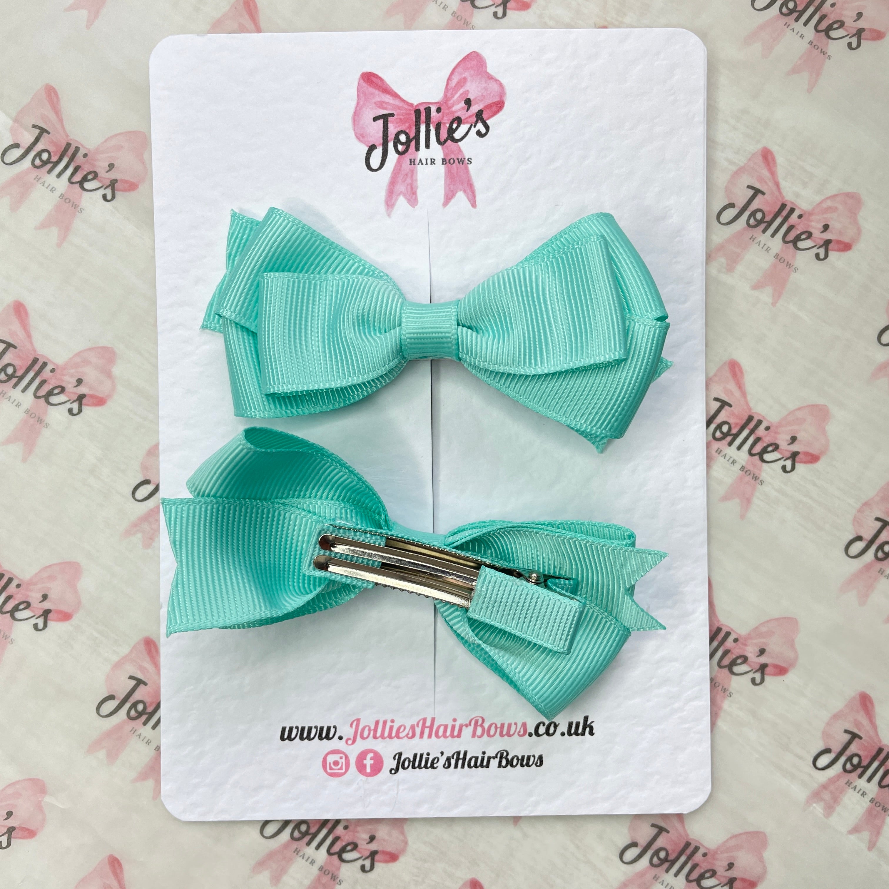 3" Aqua Triple Layer Hair Bow Pair – Clearance Grosgrain Ribbon Clips with Teeth