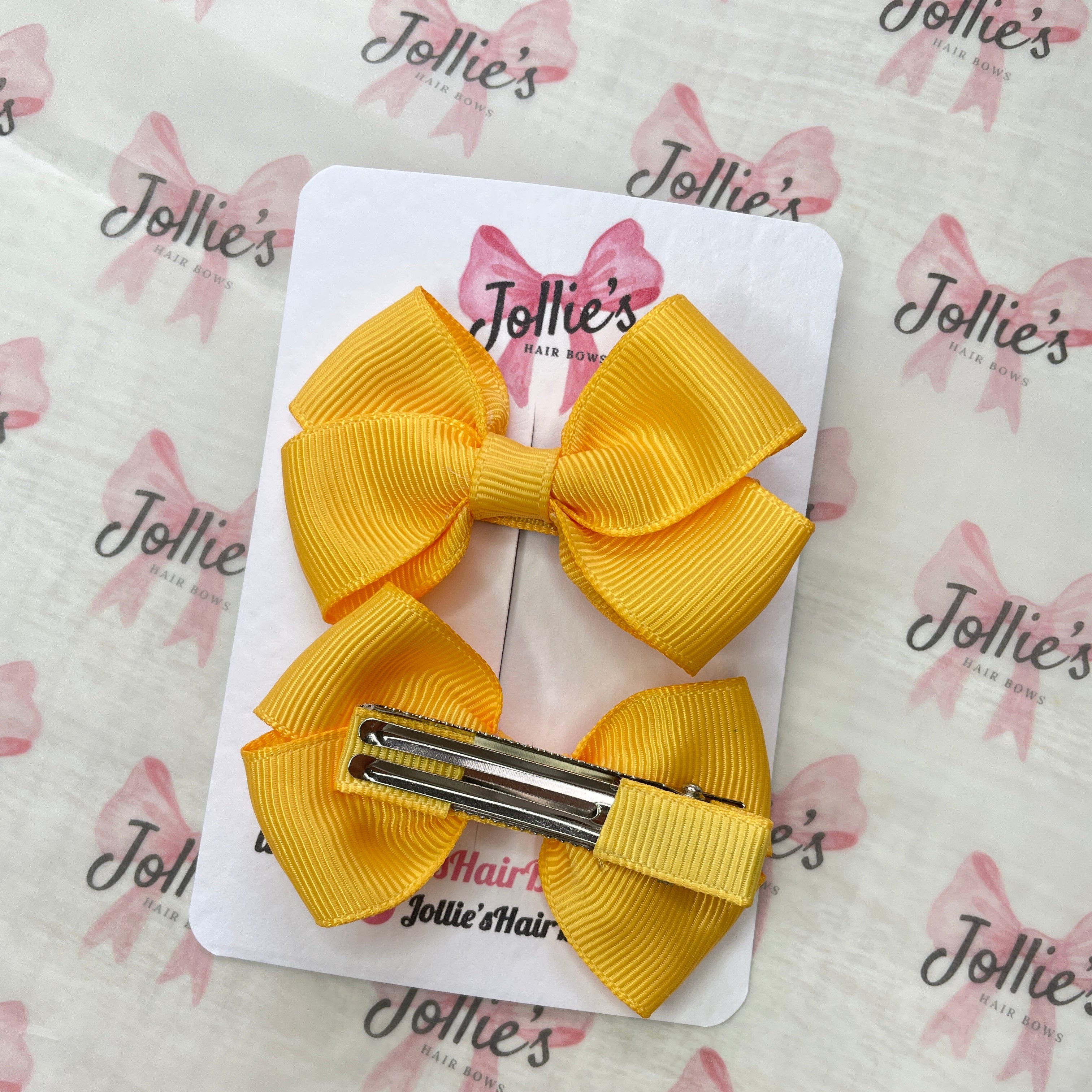 2.5" Yellow Gold Classy Hair Bows (Pair) – Grosgrain Ribbon with Double Prong Alligator Clips