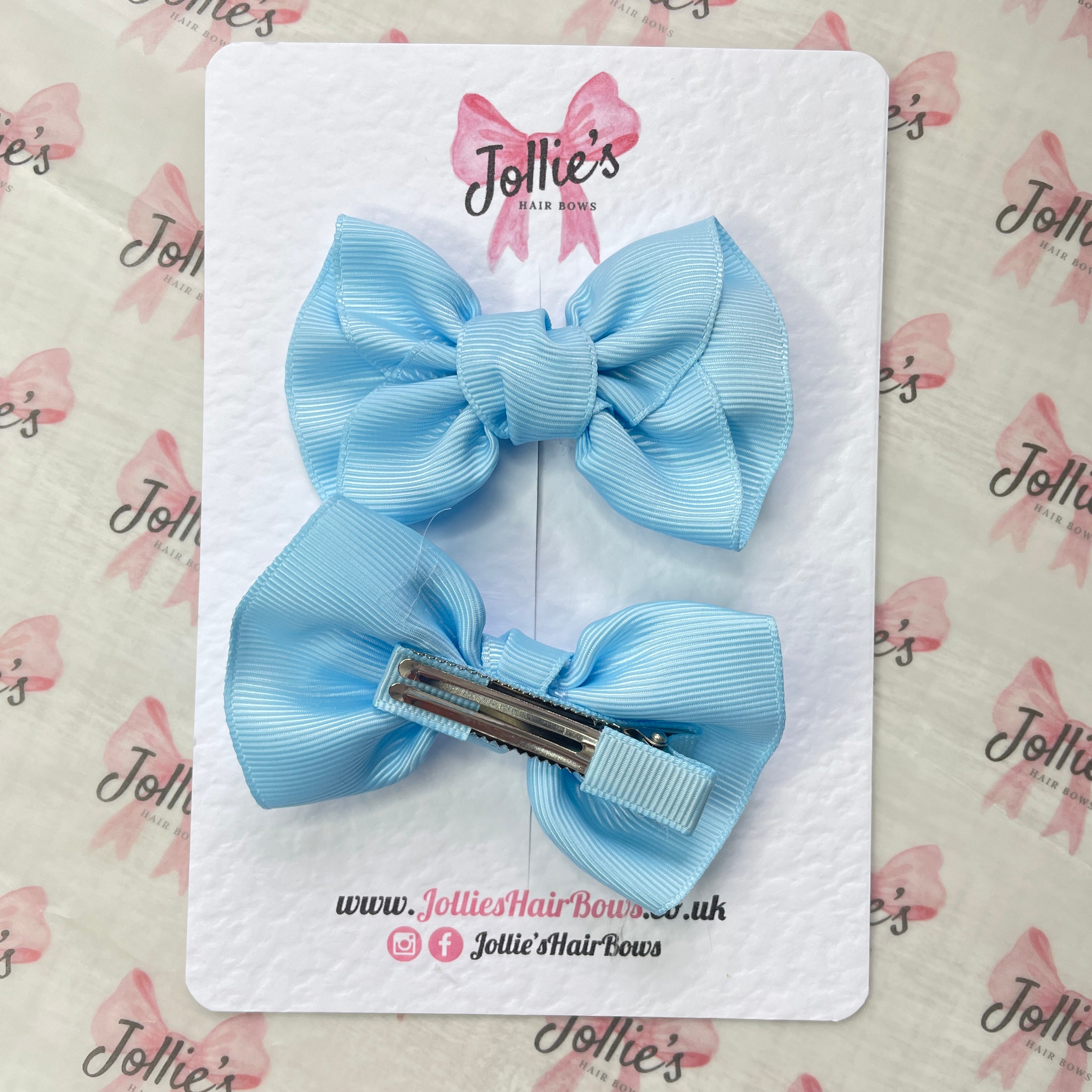 3" Blue Topaz Frown Hair Bow Pair – Grosgrain Ribbon Clips for Girls