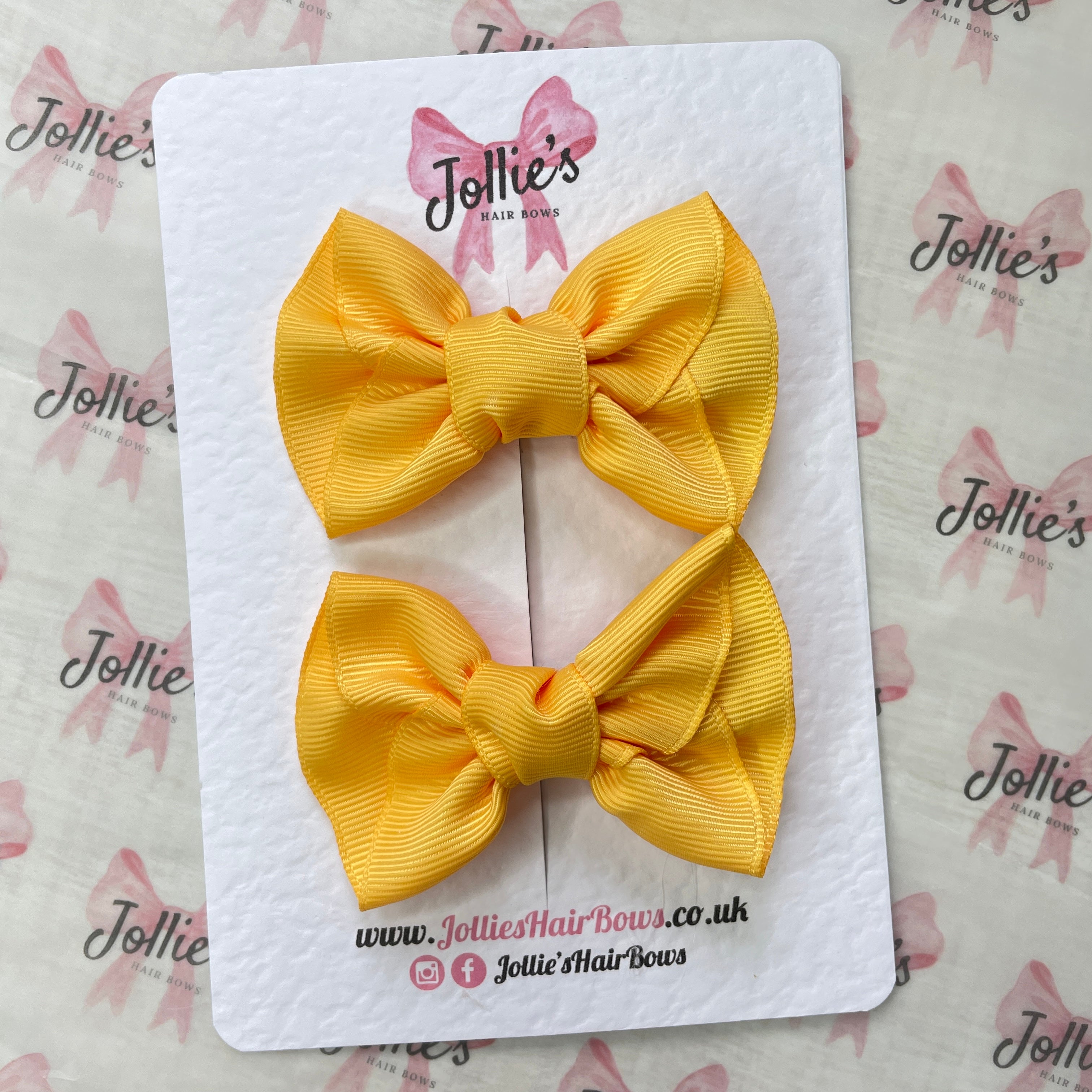 3" Yellow Gold Frown Hair Bow Pair – Grosgrain Ribbon Clips for Girls