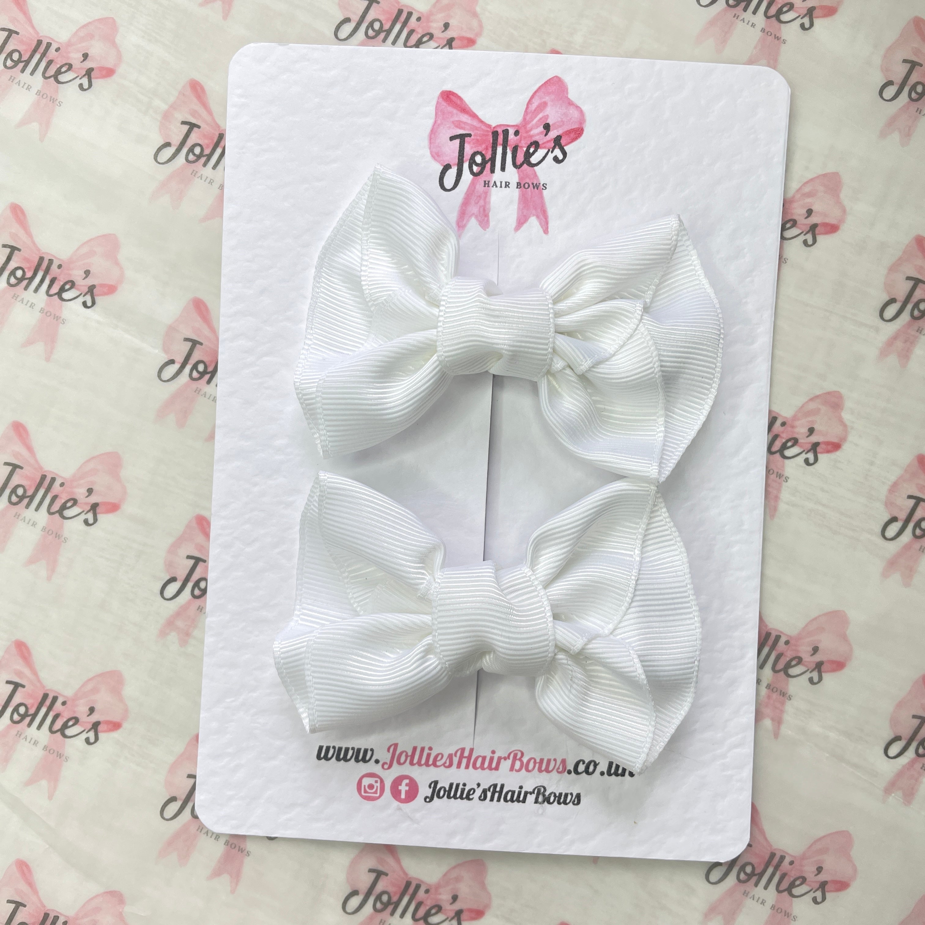 3" White Frown Hair Bow Pair – Grosgrain Ribbon Clips for Girls