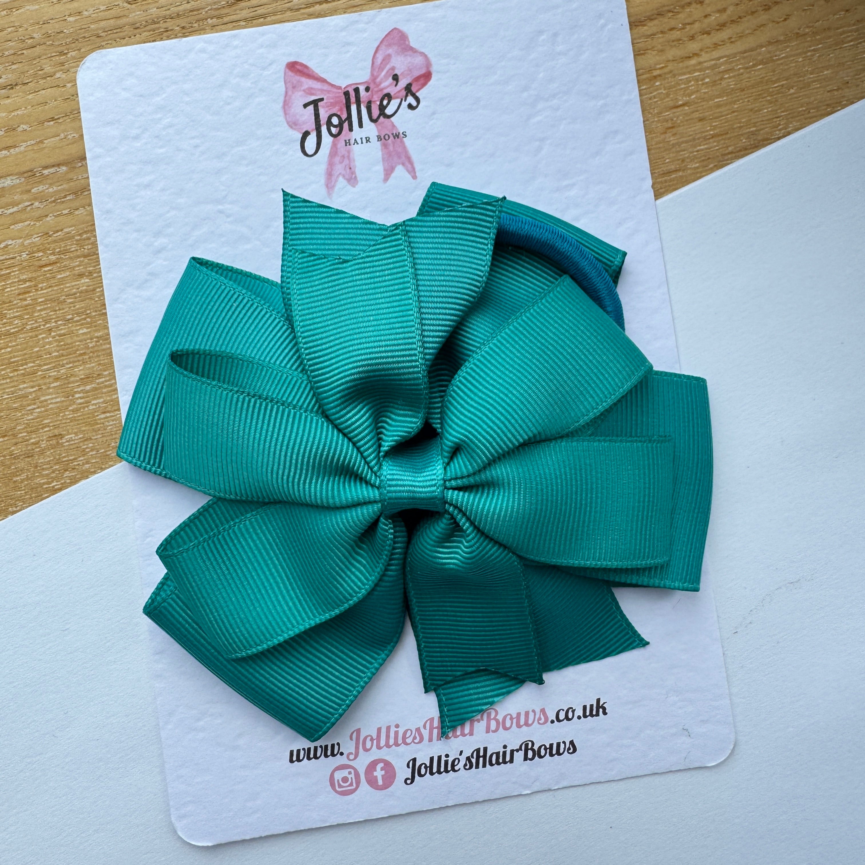 4.5" Jade Green Double Layer Pinwheel Hair Bow β Grosgrain Ribbon with Thick Elastic Bobble