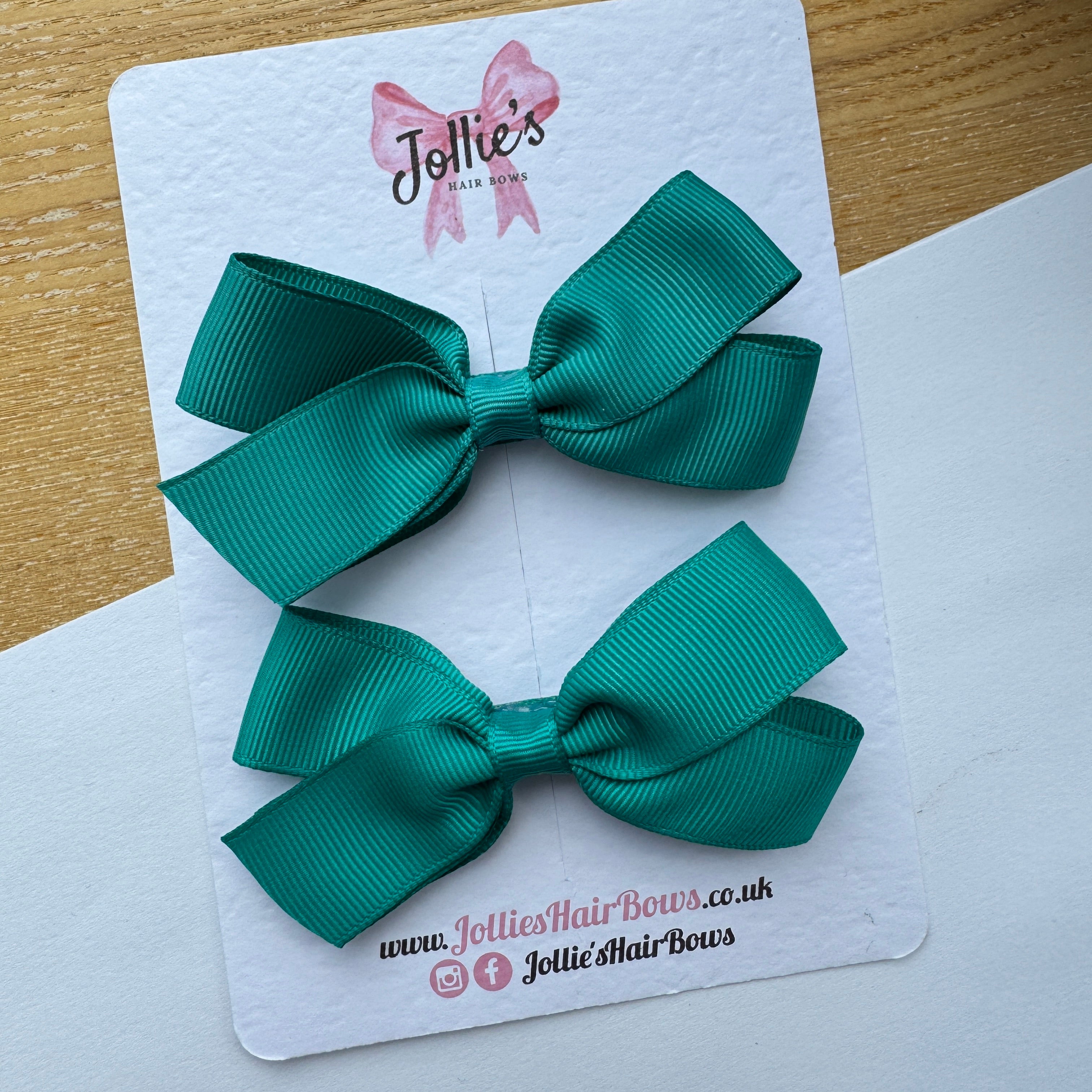 3.5" Jade Green Hair Bows with Clip (Pair) β Grosgrain Ribbon with Lined Alligator Clip