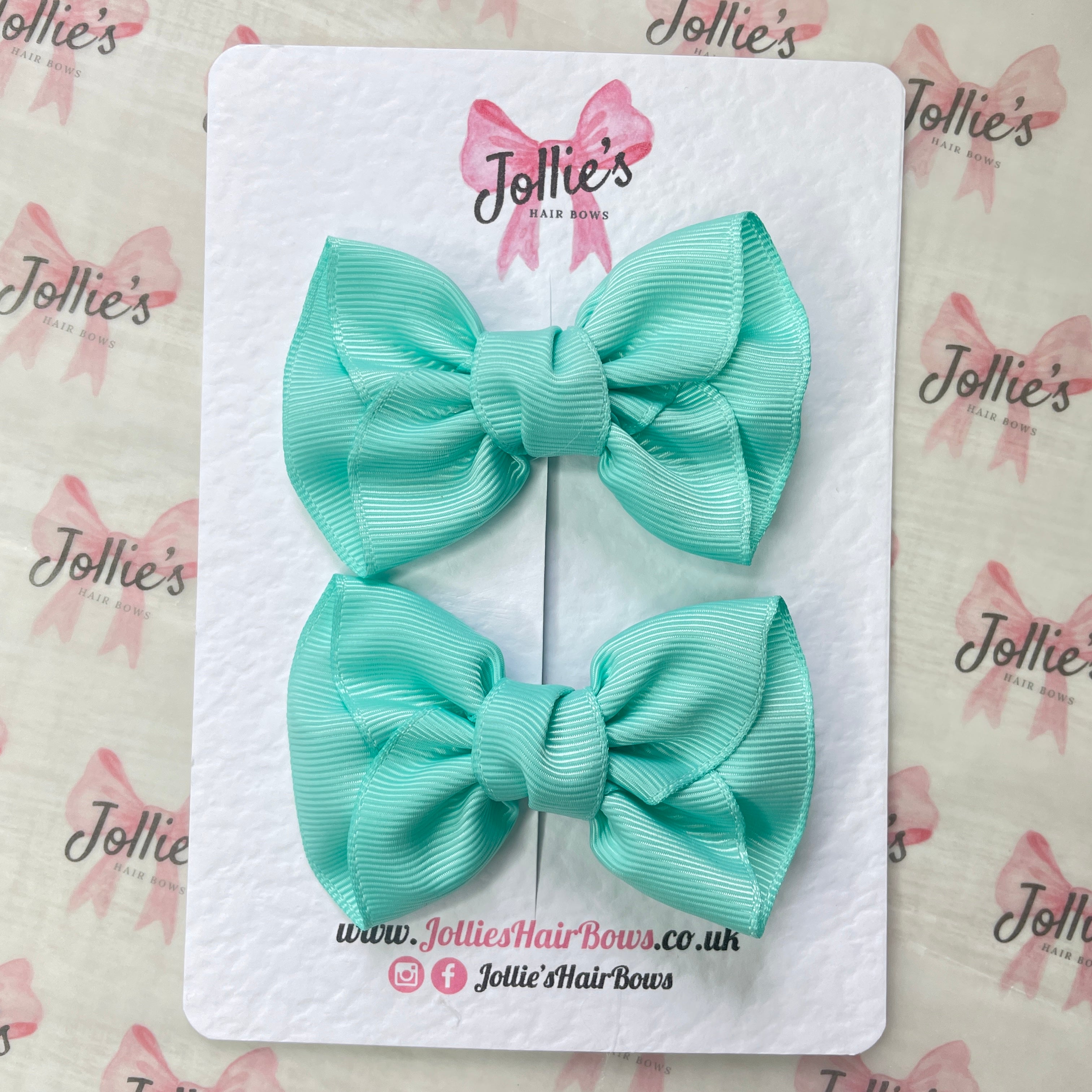 3" Aqua Frown Hair Bow Pair – Grosgrain Ribbon Clips for Girls