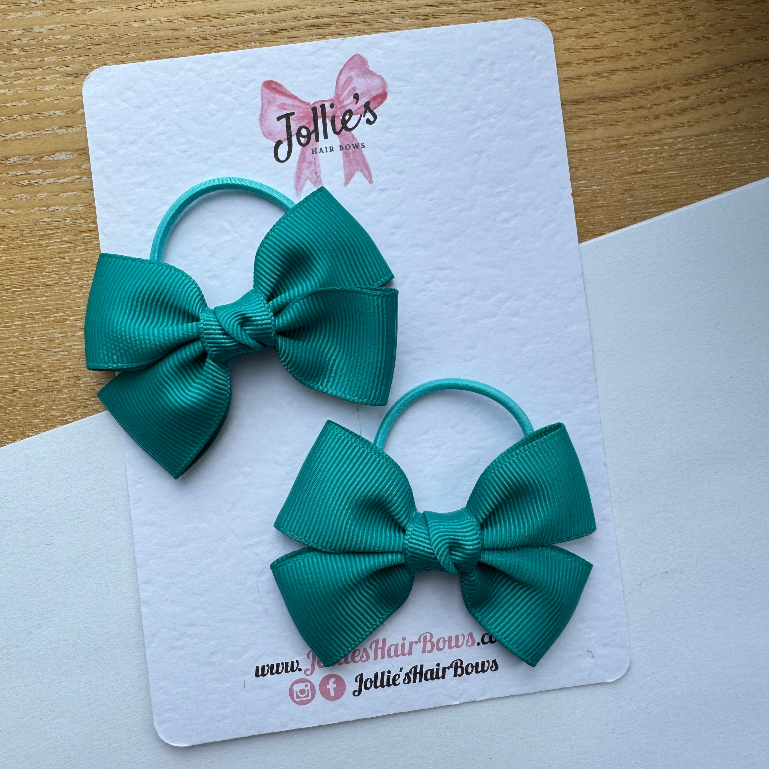 2.5" Jade Green Classic Hair Bow Pair – Grosgrain Ribbon on Thin Elastic