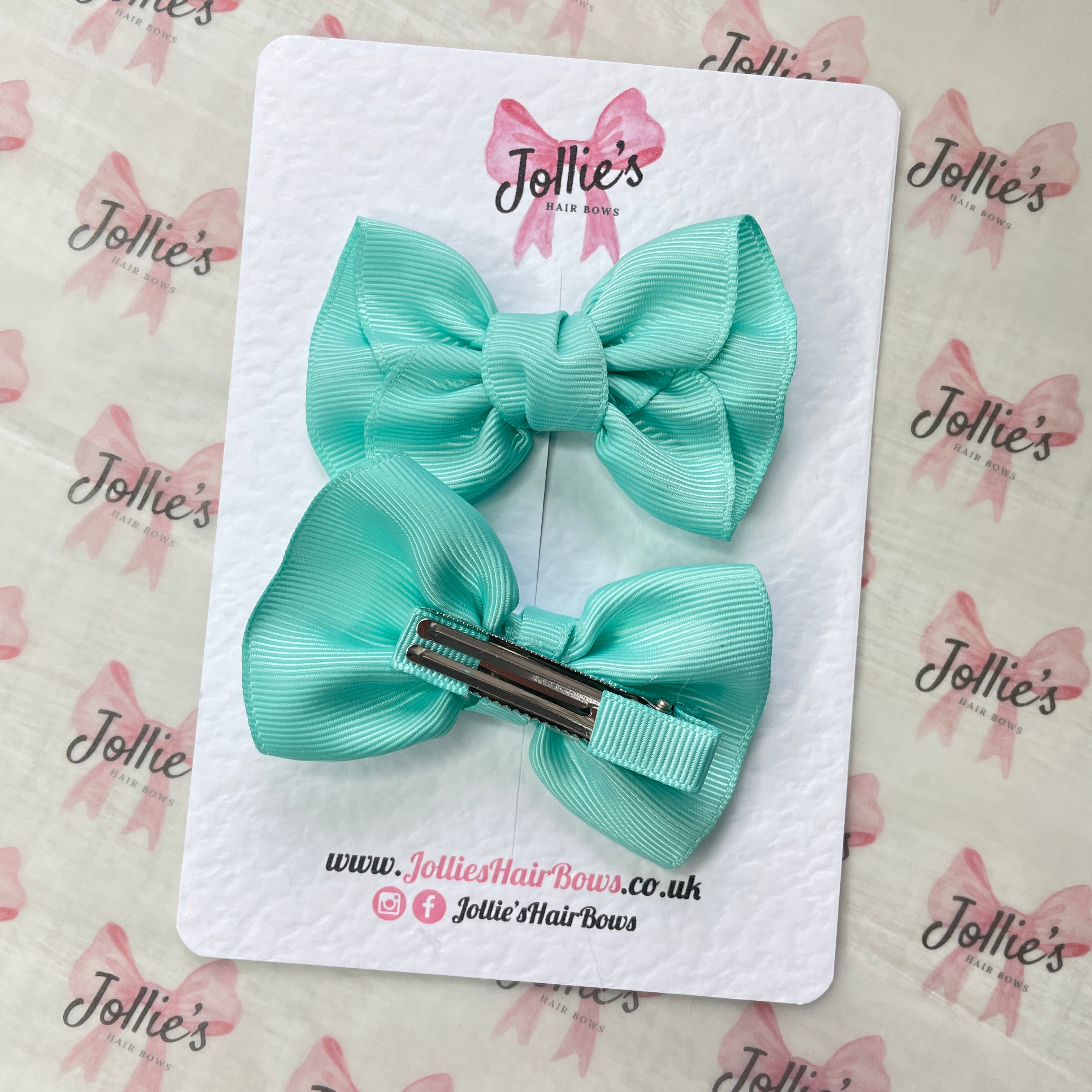 3" Aqua Frown Hair Bow Pair – Grosgrain Ribbon Clips for Girls