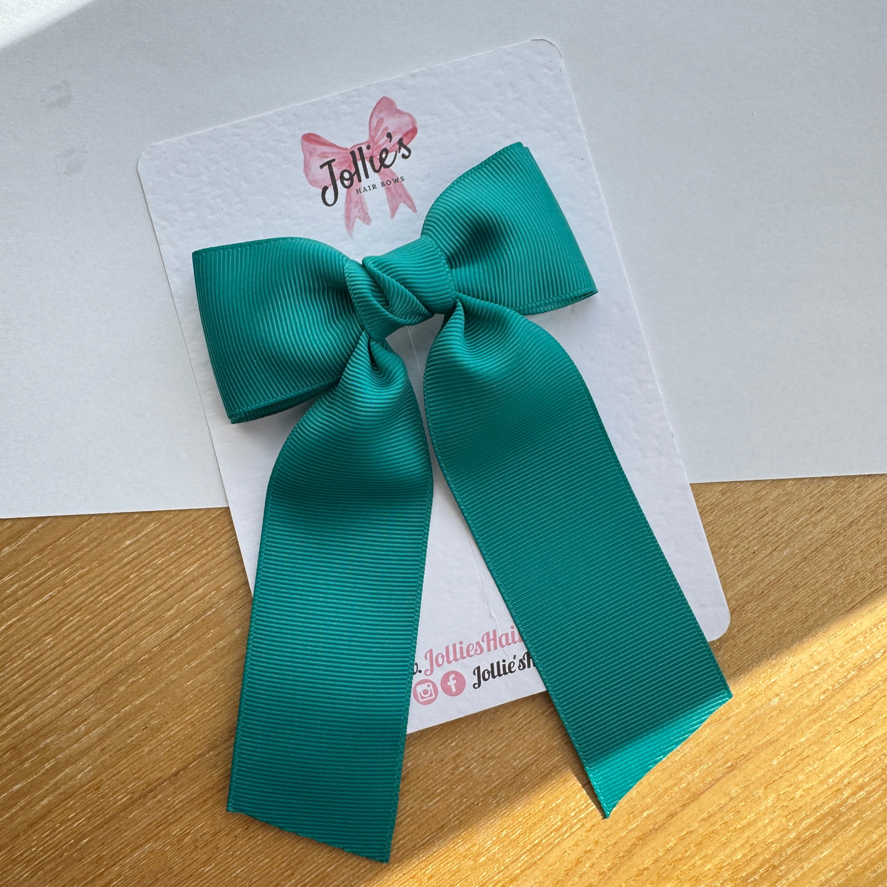 5" Jade Green Long Tail School Hair Bow β Grosgrain Ribbon Clip with Teeth