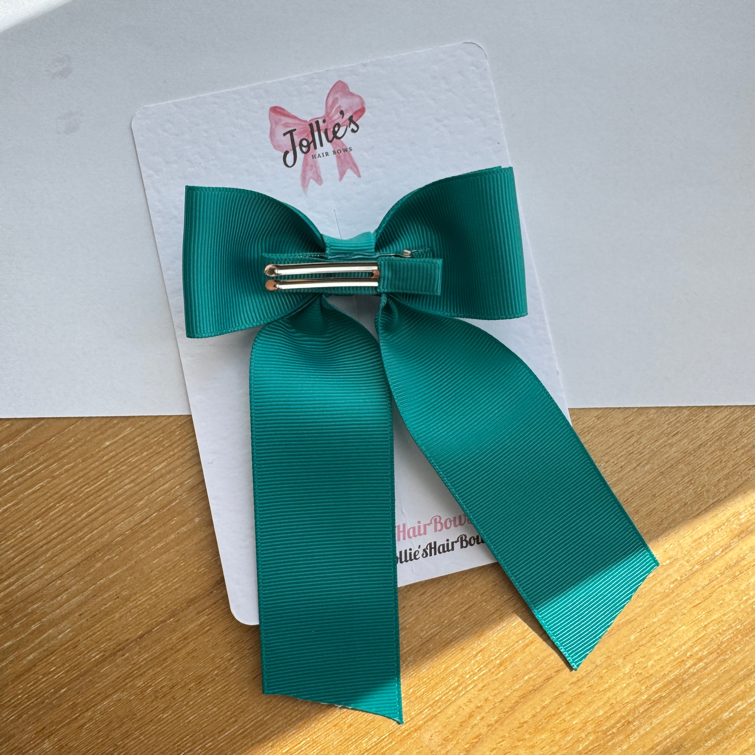 5" Jade Green Long Tail School Hair Bow β Grosgrain Ribbon Clip with Teeth