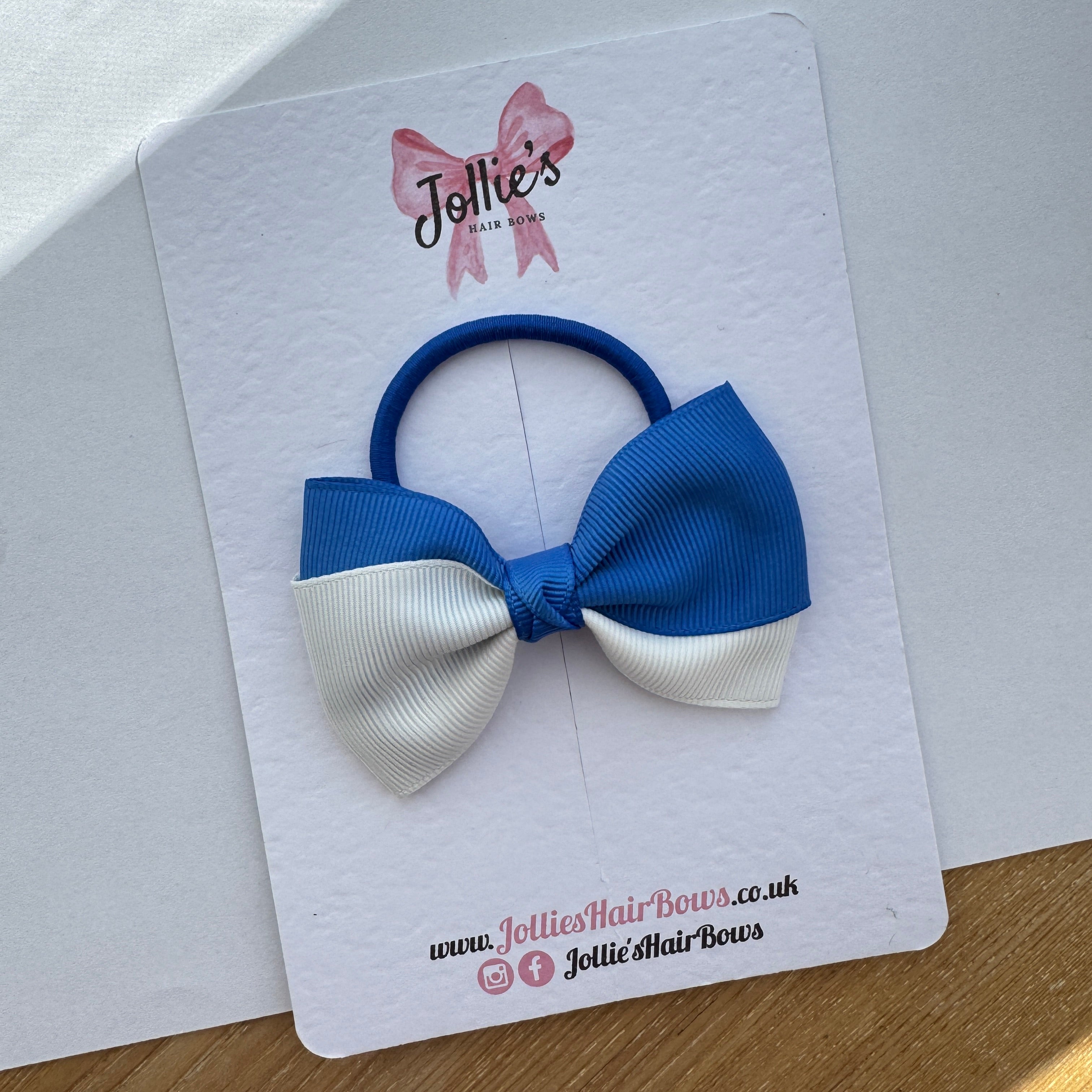 3.2" Royal Blue & White Hair Bow Pair – Grosgrain Ribbon with Thick Elastic Bobble