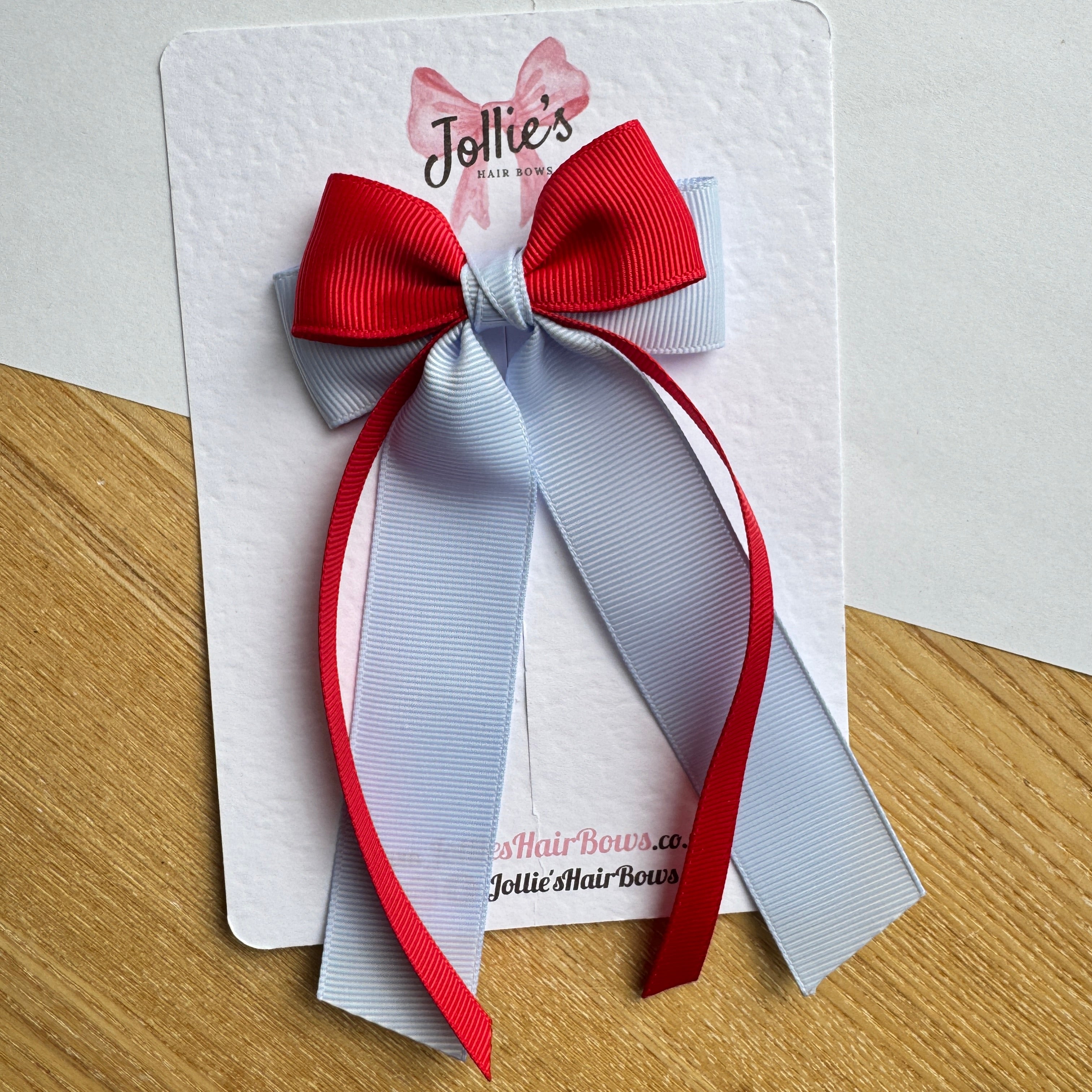 3" Red & Bluebell Ribbon Tail Hair Bow – Grosgrain Ribbon Clip with Teeth