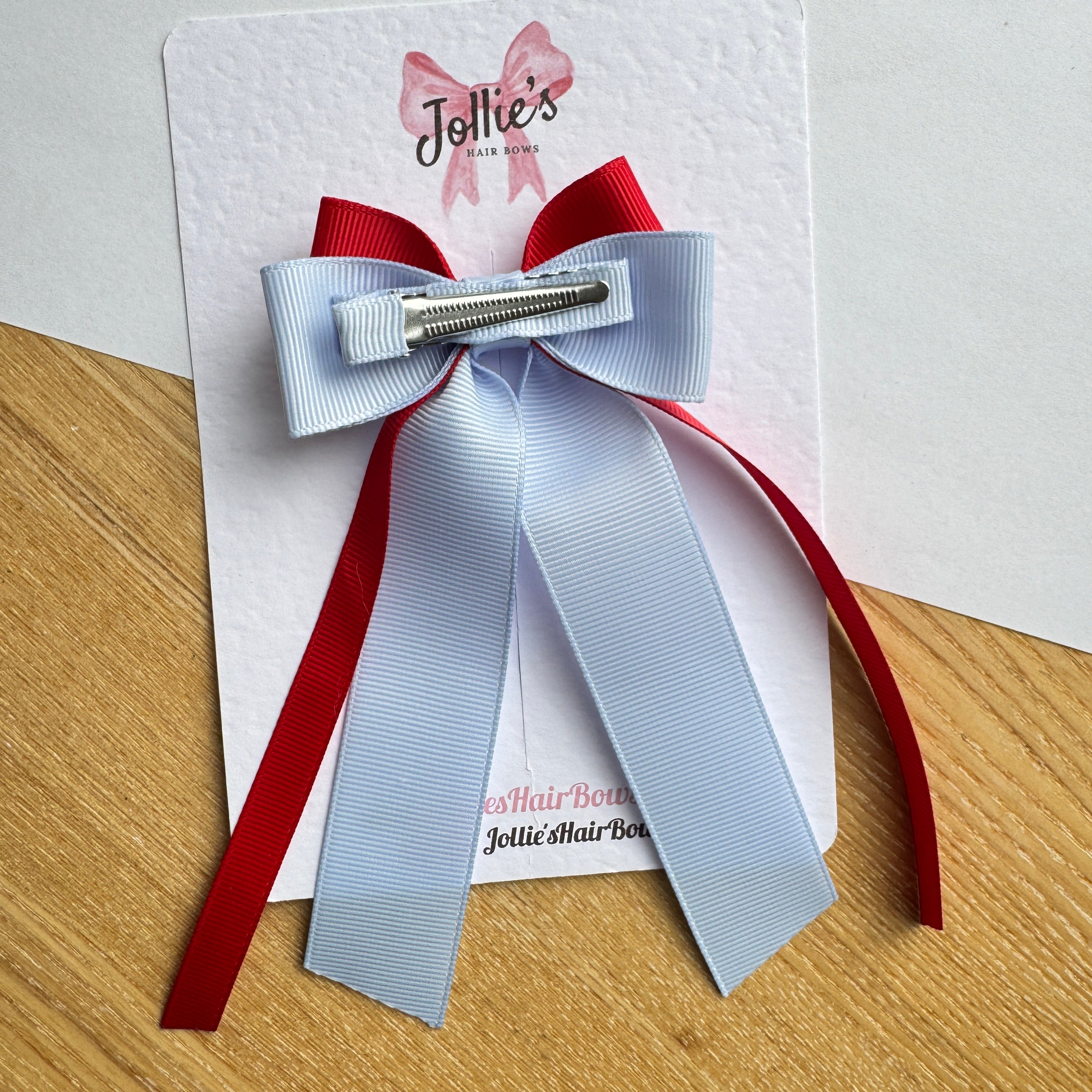 3" Red & Bluebell Ribbon Tail Hair Bow – Grosgrain Ribbon Clip with Teeth