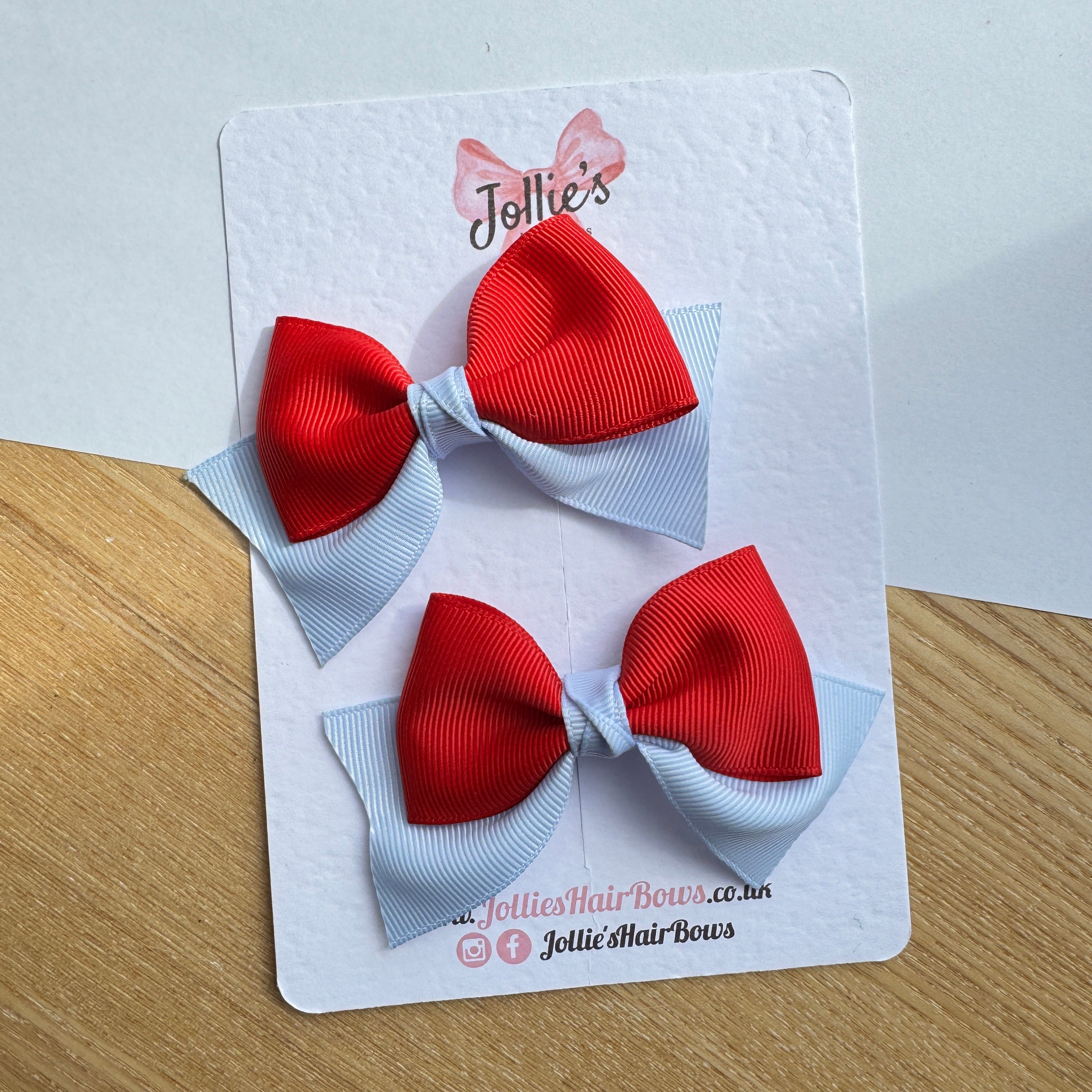 3" Red & Bluebell Layered Pointed-Tail Hair Bow Pair – Grosgrain Ribbon Clips with Teeth
