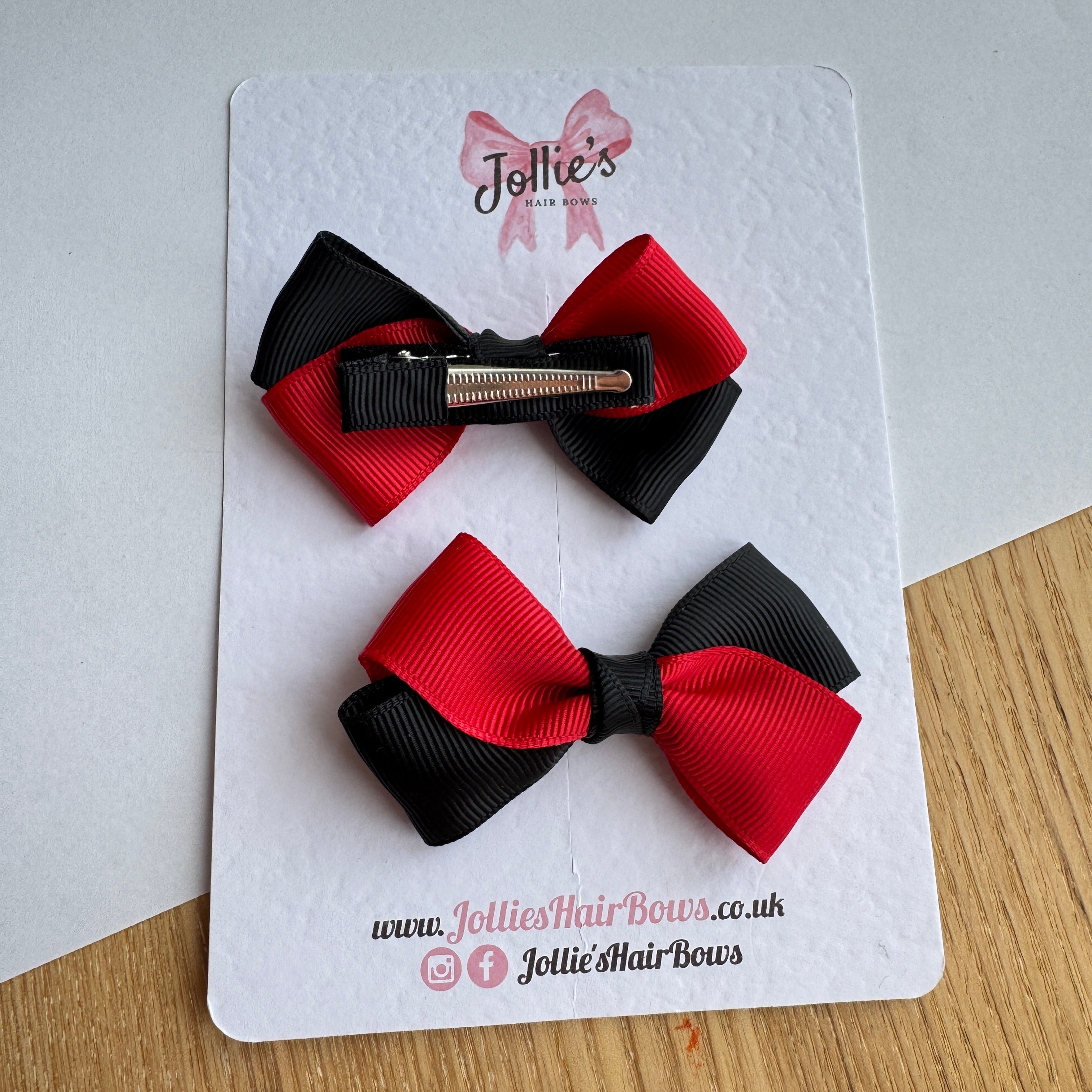 3" Red & Black Twisty Hair Bow Pair – Grosgrain Ribbon Clips with Teeth