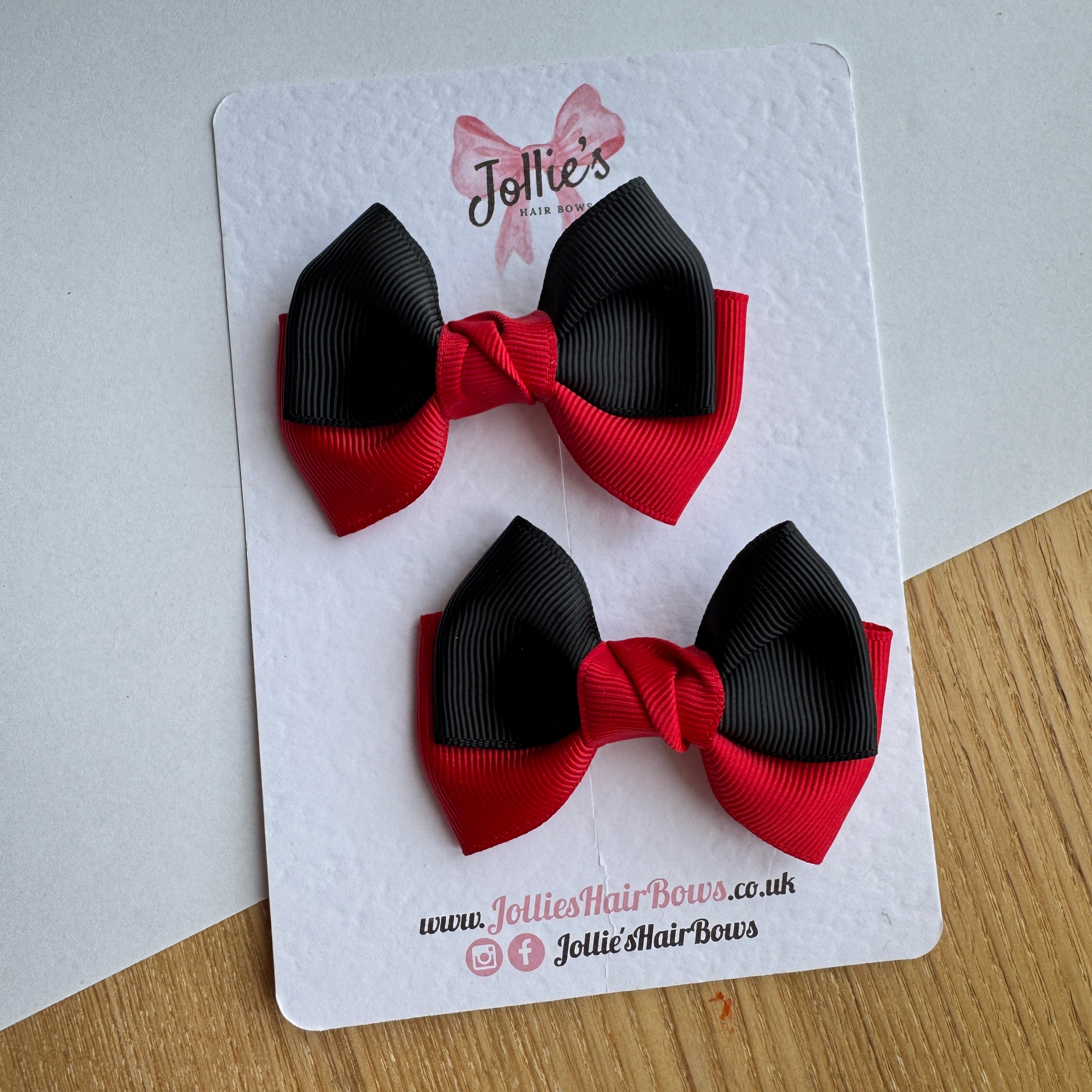 3" Red & Black Classic Hair Bow Pair – Grosgrain Ribbon Clips with Teeth