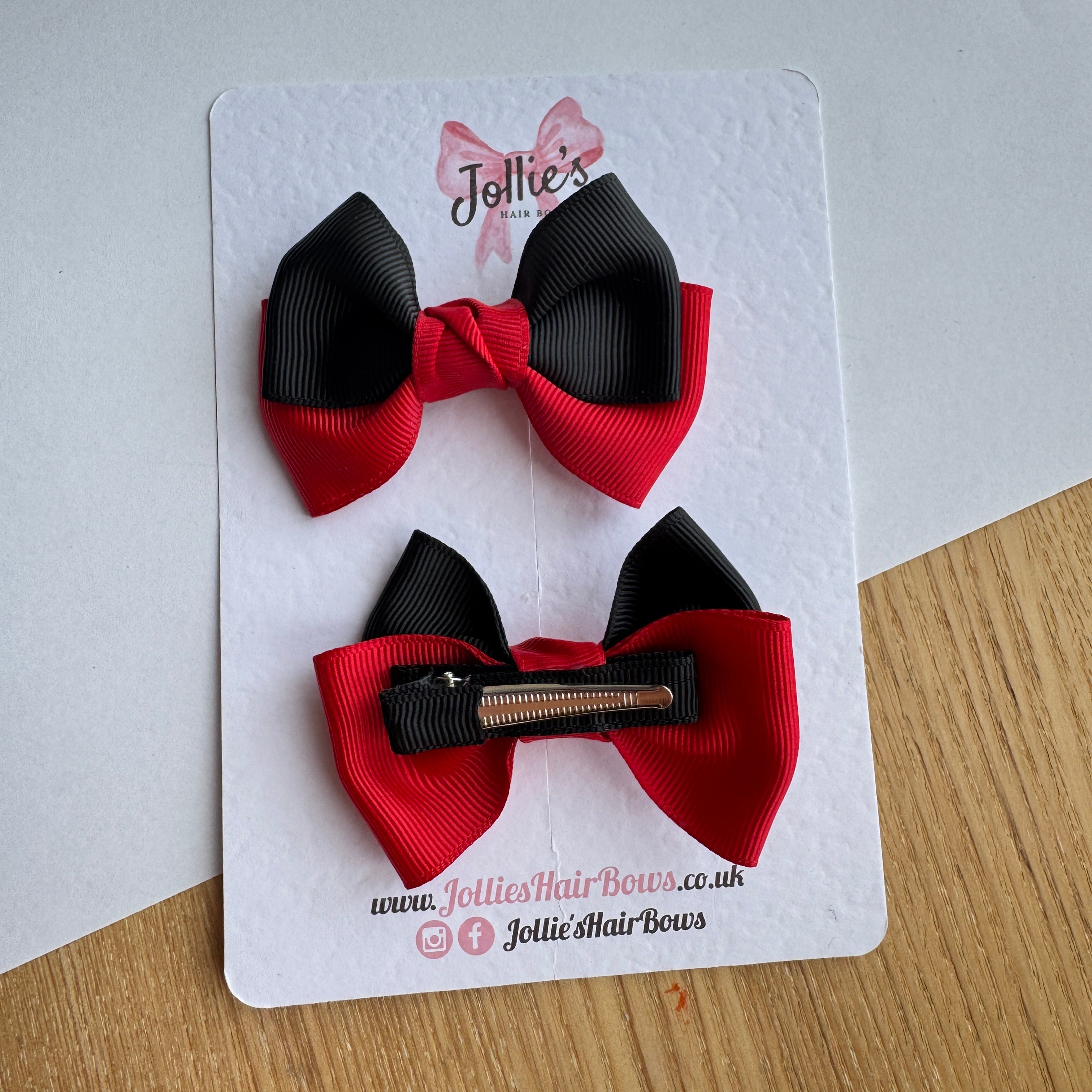 3" Red & Black Classic Hair Bow Pair – Grosgrain Ribbon Clips with Teeth