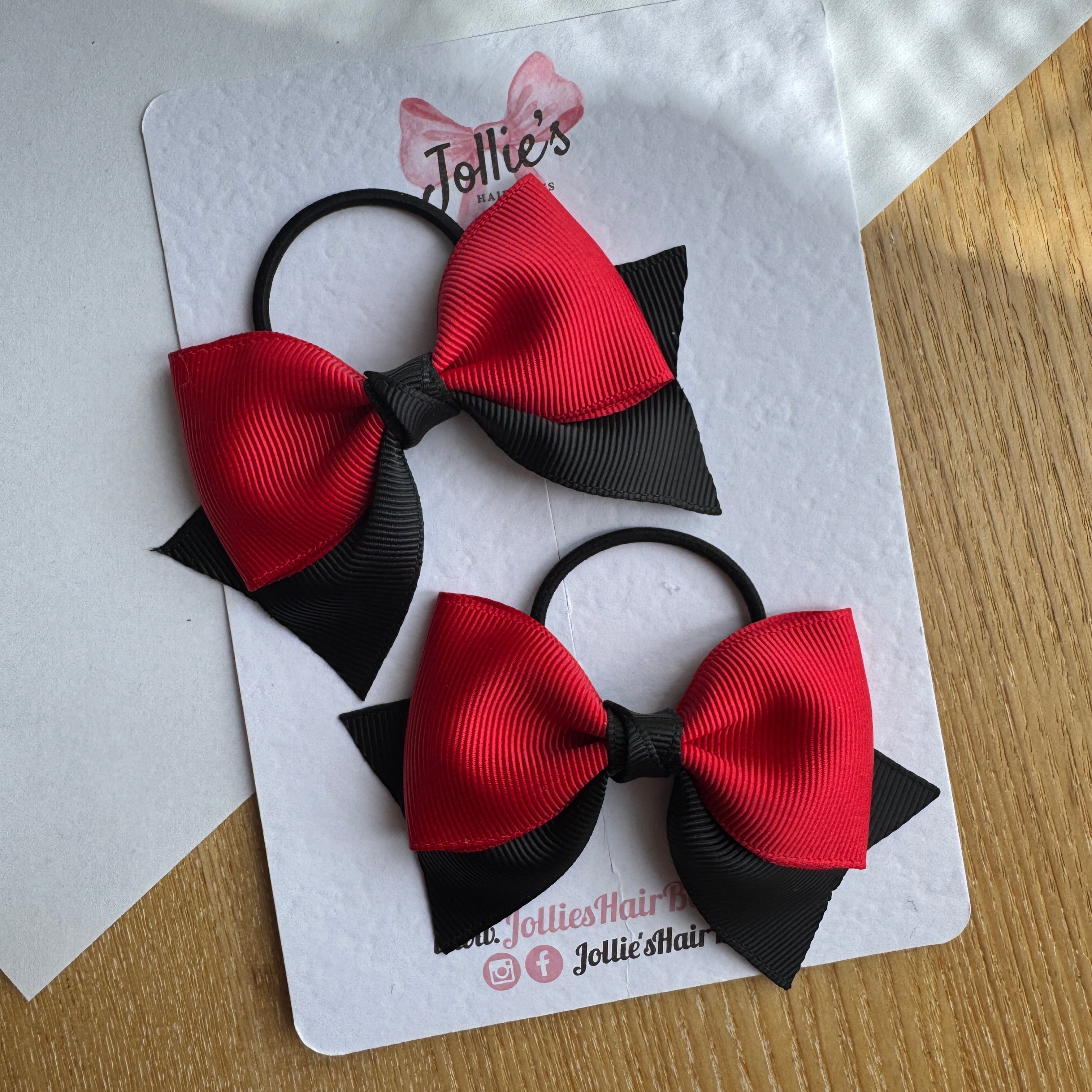 3" Red & Black Layered Pointed-Tail Hair Bow Pair – Grosgrain Ribbon with Thin Elastic Bobbles