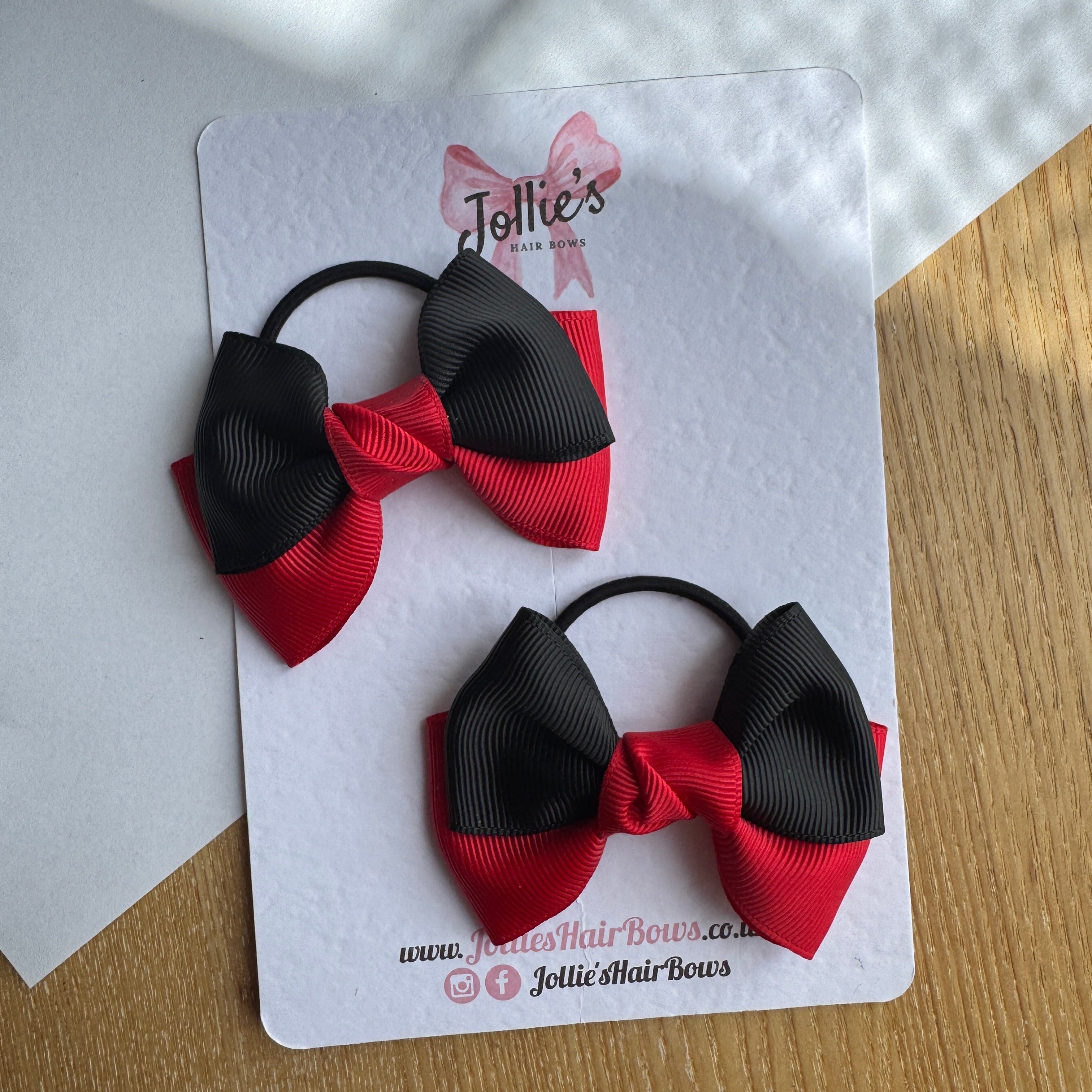 3" Red & Black Classic Hair Bow Pair – Grosgrain Ribbon with Thin Elastic Bobbles