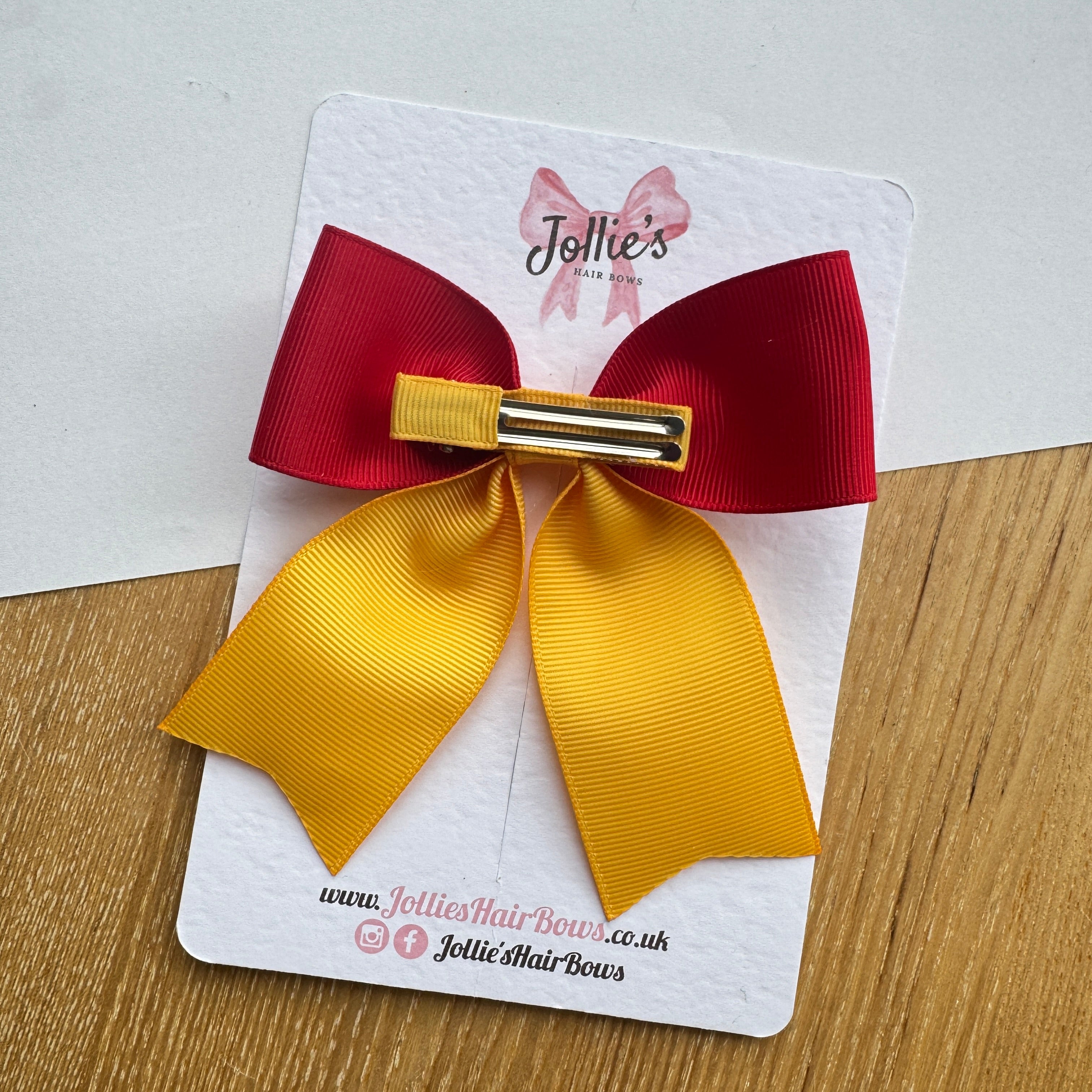 4.5" Red & Yellow Gold Tail Hair Bow – Grosgrain Ribbon Clip with Teeth